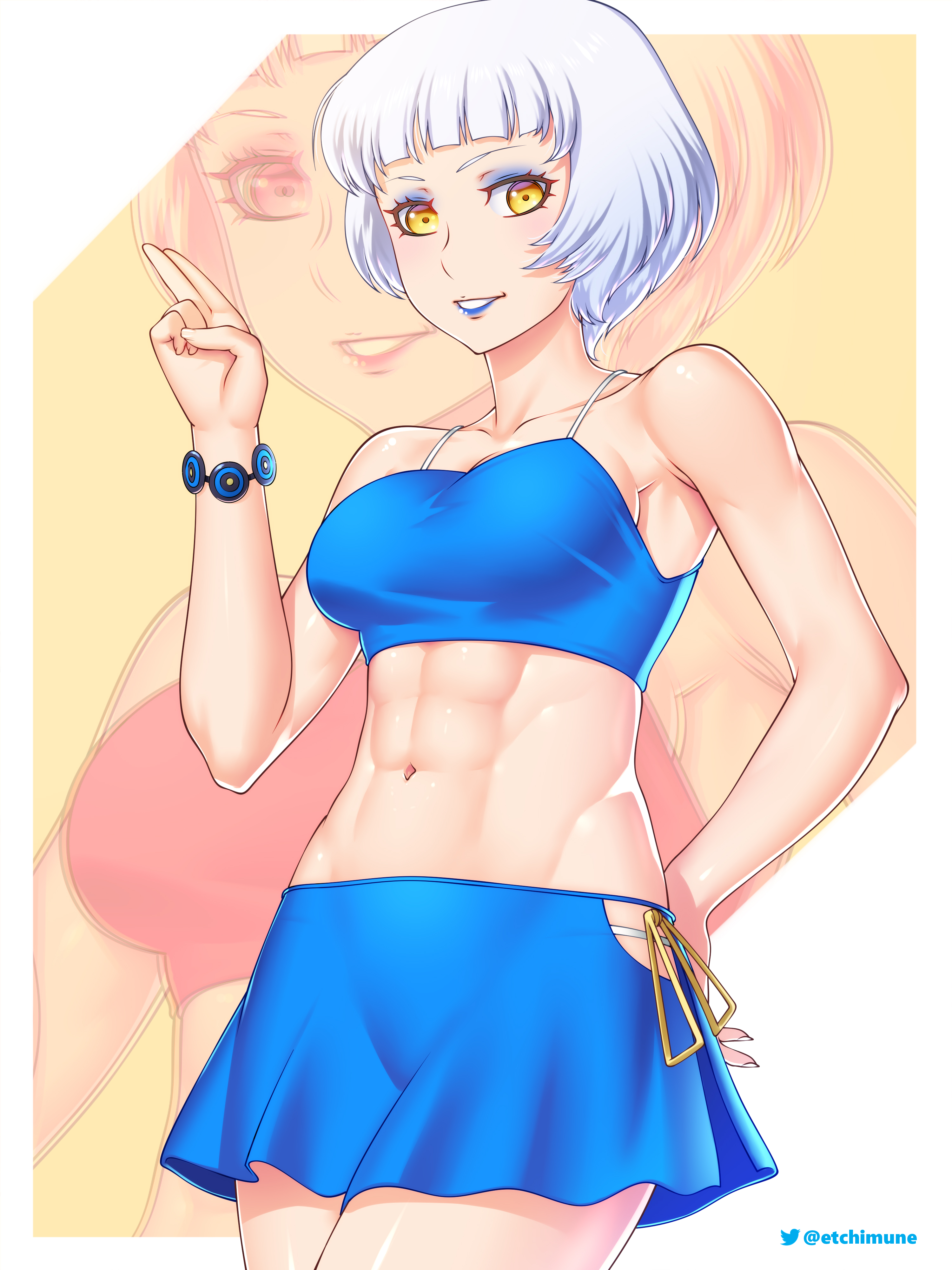 1girls, abs, bikini, blue lipstick, blue makeup, elizabeth (persona), etchimune, female, frilled bikini, hand on hip, navel, persona, persona 3, smiling at viewer, white hair, yellow eyes