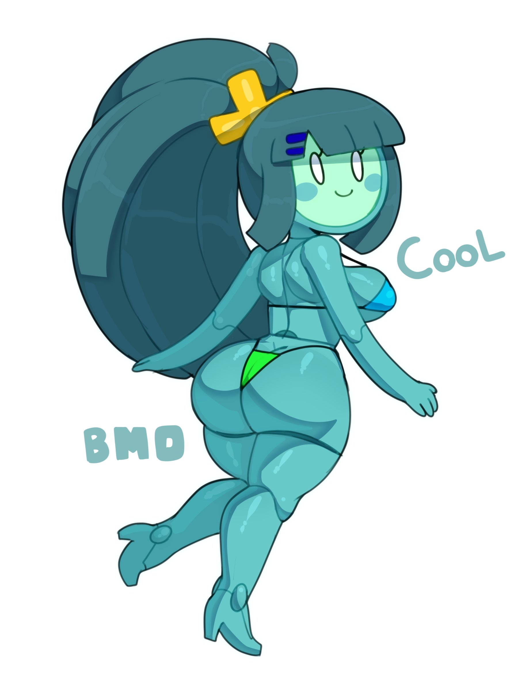 adventure time, ass, ass cleavage, ass crack, bikini, bmo, breasts, butt crack, cartoon network, female, green body, green hair, green skin, high heels, large breasts, long hair, looking at viewer, mob face, ponytail, robot, robot girl, somescrub