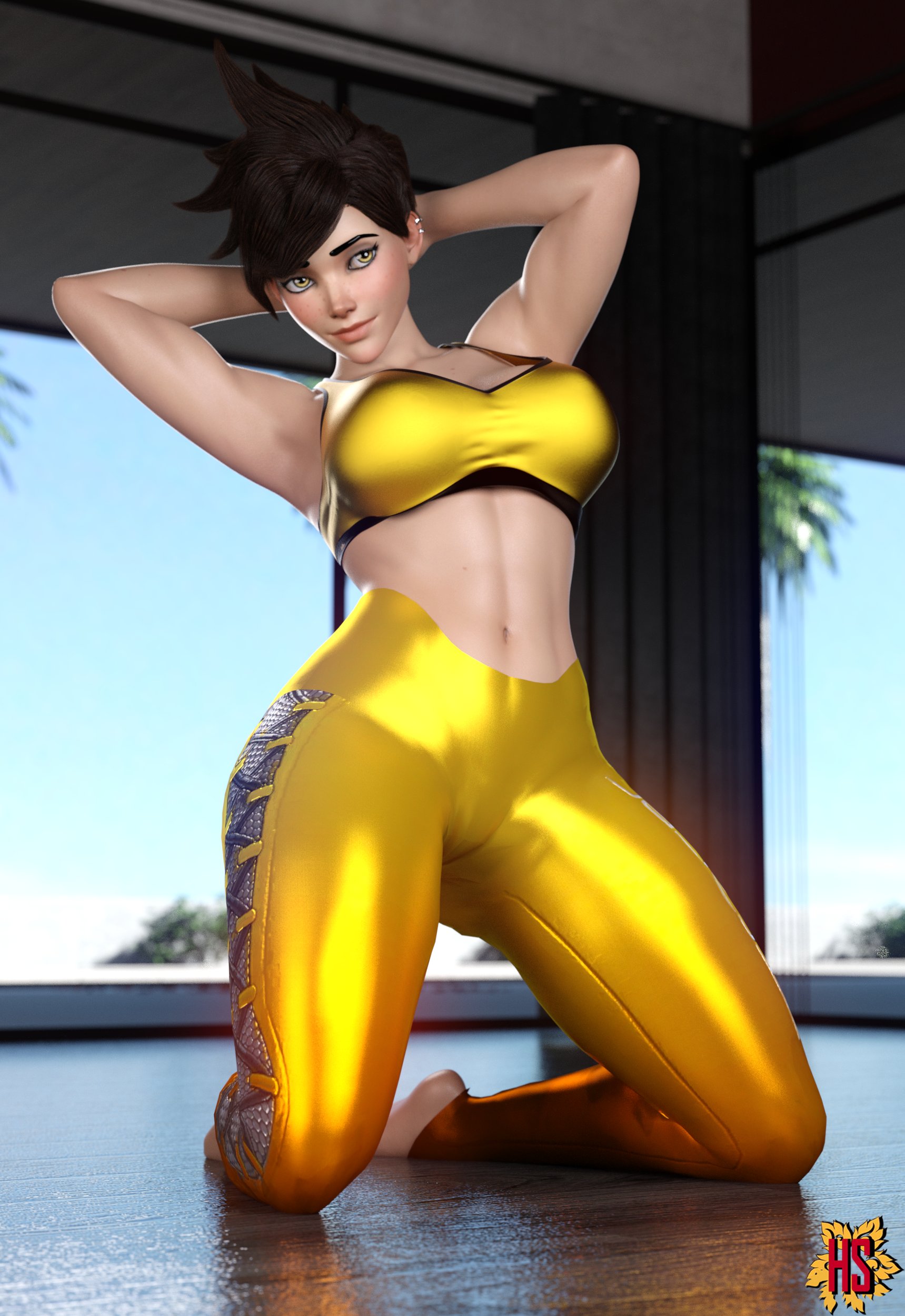 1girls, 3d, abs, armpits, ass, belly button, big ass, big breasts, blizzard entertainment, bra, breasts, brown eyes, brown hair, cleavage, clothed, color, colored, female, female only, fully clothed, hagiwara studio, kneeling, legwear, midriff, muscular, muscular female, navel, on knees, overwatch, pose, shiny clothing, solo female, sports bra, thick thighs, thighs, tight clothing, tight legwear, tracer, watermark, yellow clothing, yoga pants