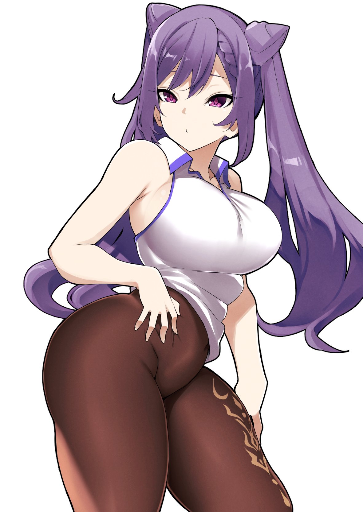 armpit_crease armpits bangs breasts brown_legwear cowboy_shot female genshin_impact hand_on_own_stomach highres keqing_(genshin_impact) large_breasts long_hair looking_to_the_side manabebebe no_pants open_collar pantyhose purple_eyes purple_hair shirt sidelocks simple_background sleeveless solo standing thick_thighs thighs twintails white_background white_shirt