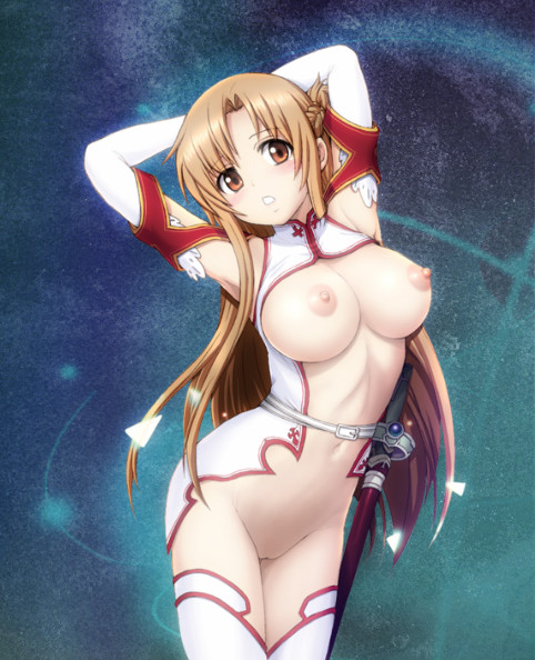 1girls, armpits, arms behind head, big breasts, breasts, brown hair, busty, elbow gloves, female, gloves, large breasts, legwear, long gloves, long hair, looking at viewer, navel, nipples, partially clothed, pose, pussy, ryumiabyss, sword art online, vagina, white elbow gloves, white gloves, white legwear, white long gloves, yuuki asuna