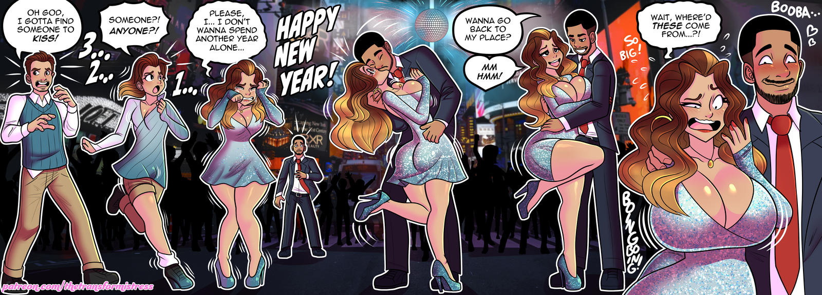 ass expansion, breast expansion, breast growth, breast growth (enlargement), breasts, cleavage, dialogue, english text, female, gender transformation, hair color change, hair growth, huge breasts, human, human only, male, mtf transformation, new year, rule 63, sequence, text, thetransformistress, transformation, wide hips