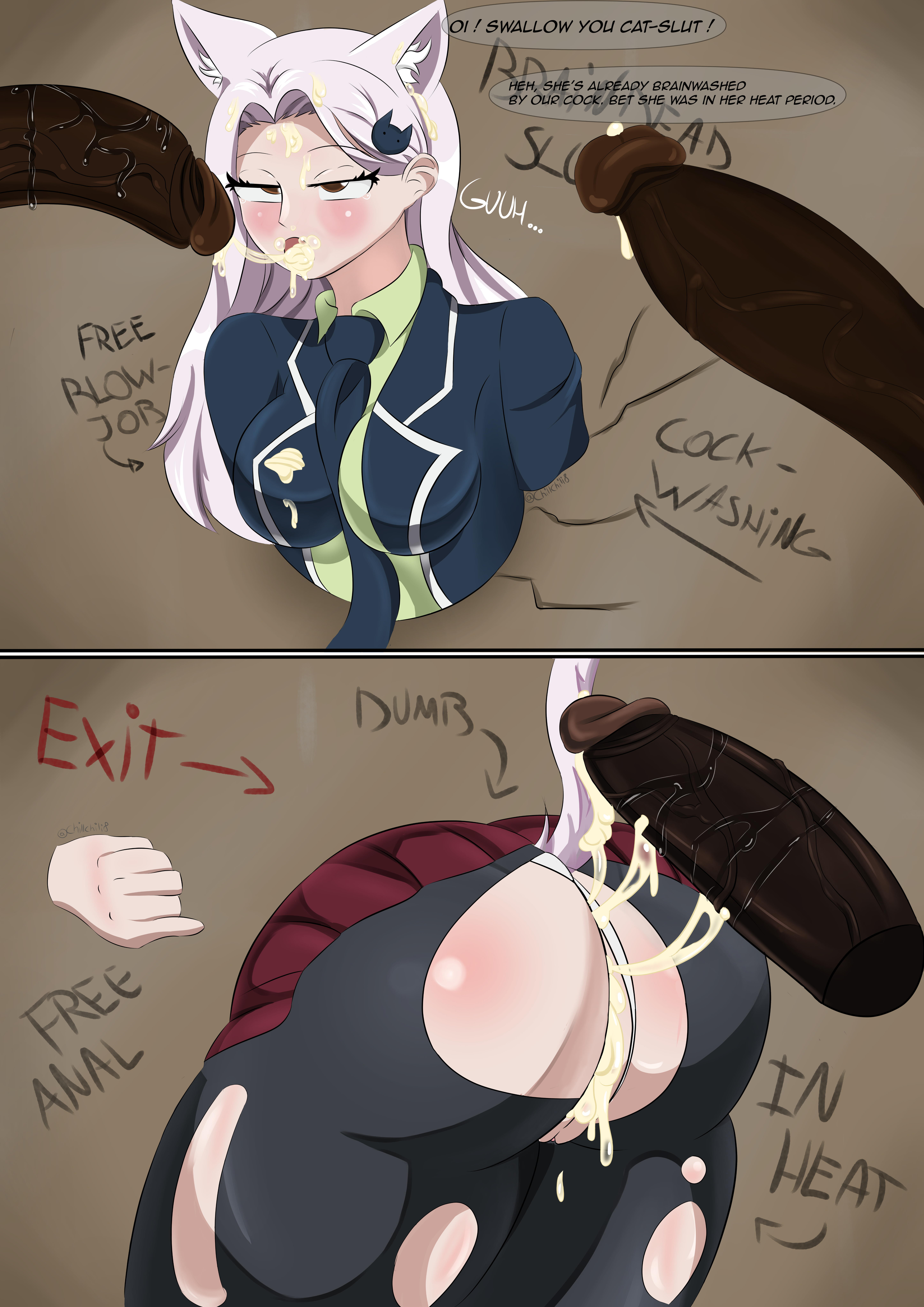 1girls, ass, big ass, big breasts, big butt, breasts, carla (fairy tail), cat ears, cat girl, cat tail, catgirl, chillchili, comic, cum, cum in ass, cum in mouth, dark skin, dark-skinned male, facial, fairy tail, female, huge cock, human on humanoid, humanoid, interracial, leaking cum, male, panties, panties aside, panties under pantyhose, pantyhose, penis, precum, questionable consent, ripped clothing, ripped pants, ripped pantyhose, silver hair, stuck, stuck in wall, tail, text, text bubble, through wall, unseen male face, wall