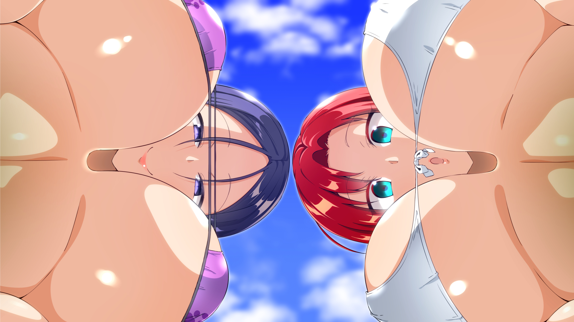 2girls, aqua eyes, bikini, blue sky, boudica (fate), boudica (fate/grand order), boudica (shining goddess) (fate), breasts, day, eyepatch bikini, fate (series), fate/grand order, female, forehead, from below, highres, large breasts, looking at viewer, looking down, minamoto no raikou (fate), minamoto no raikou (swimsuit lancer) (fate), multiple females, multiple girls, open mouth, purple bikini, purple eyes, sky, smile, swimsuit, toudori, underboob, white bikini