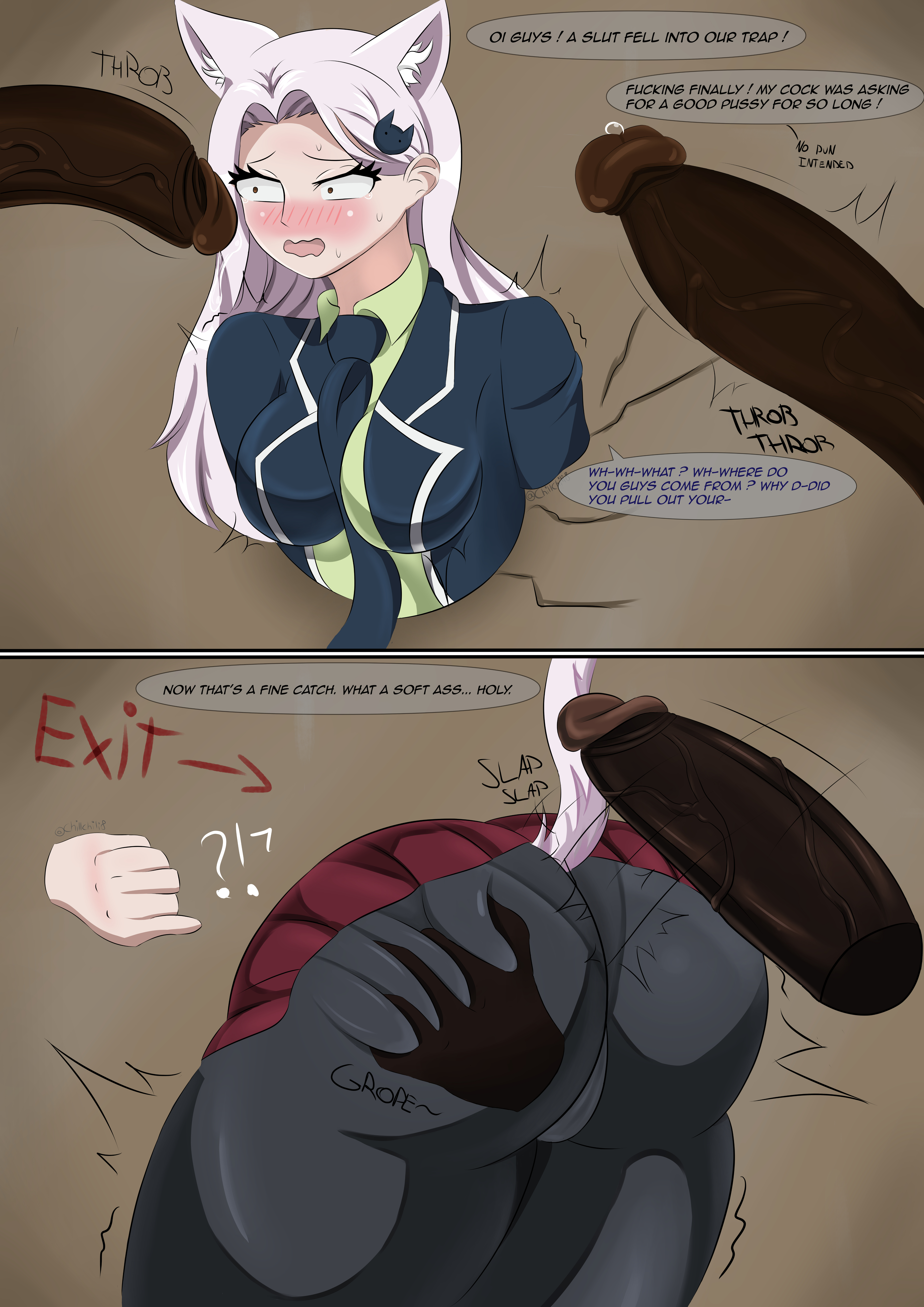 1girls, ass, big ass, big breasts, big butt, breasts, carla (fairy tail), cat ears, cat girl, cat tail, catgirl, chillchili, comic, dark skin, dark-skinned male, fairy tail, female, huge cock, human on humanoid, humanoid, interracial, male, panties under pantyhose, pantyhose, penis, silver hair, stuck, stuck in wall, tail, text, text bubble, through wall, unseen male face, wall