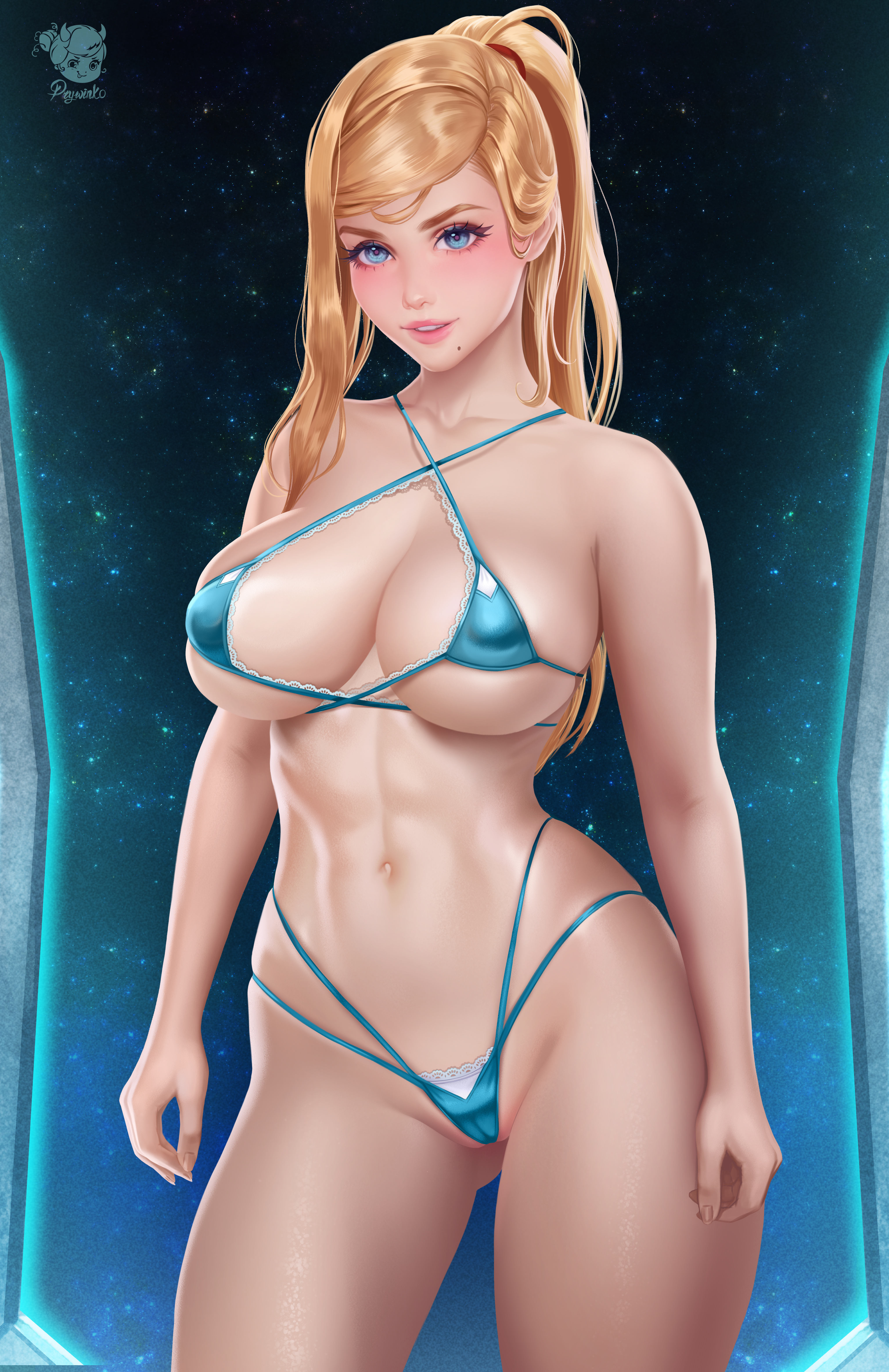 1girls, abs, bare arms, bare breasts, bare shoulders, bare skin, bare thighs, beauty mark, big breasts, blonde hair, blue eyes, bra, breasts, child bearing hips, cleavage, clothed, clothing, female, female focus, female only, fit, fit female, hips, large breasts, lingerie, long hair, looking at viewer, metroid, mole under mouth, navel, nintendo, ponytail, prywinko, samus aran, slim female, smile, smiling, solo, solo female, solo focus, space, standing, thick thighs, thighs, toned, toned female, underwear, wide hips
