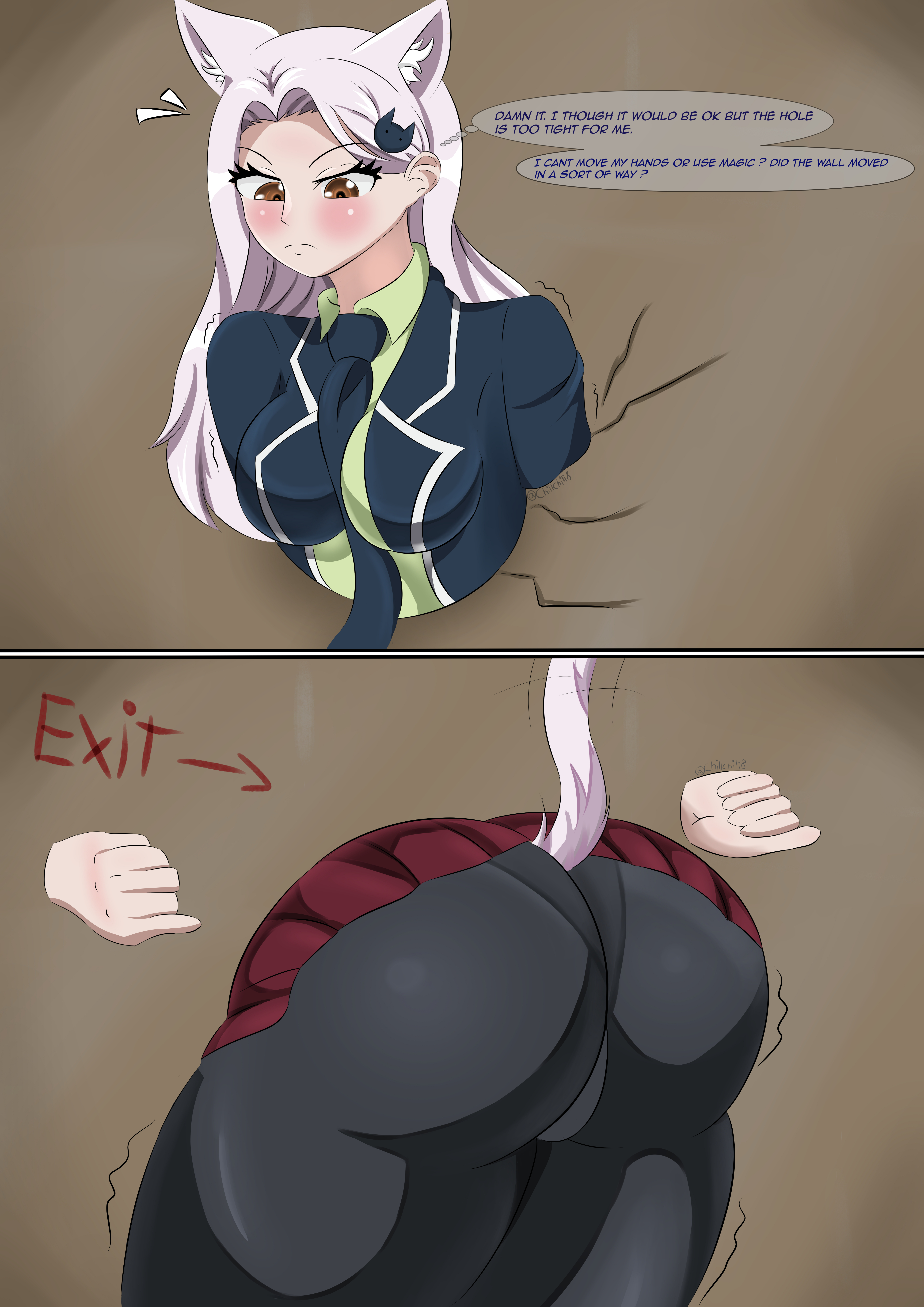 1girls, ass, big ass, big breasts, big butt, breasts, carla (fairy tail), cat ears, cat girl, cat tail, catgirl, chillchili, comic, fairy tail, female, humanoid, panties under pantyhose, pantyhose, silver hair, stuck, stuck in wall, tail, through wall, wall