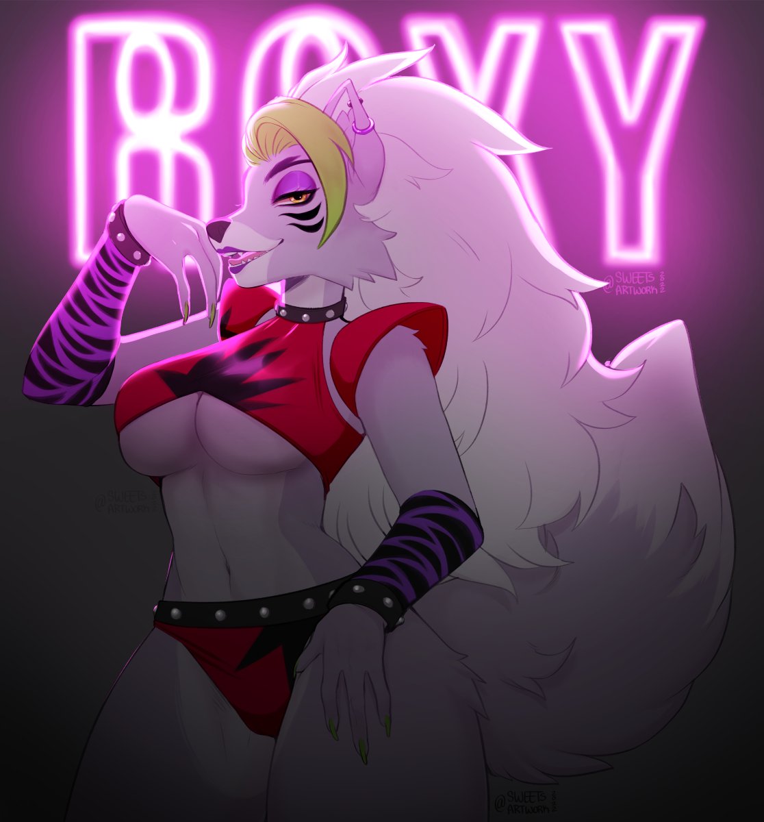 animatronic, anthro, artist name, big breasts, breasts, collar, female, five nights at freddy's, five nights at freddy's: security breach, fluffy tail, furry, gradient background, lipstick, makeup, neon lights, panties, roxanne wolf (fnaf), solo, tail, text, thick thighs, underboob, wolf