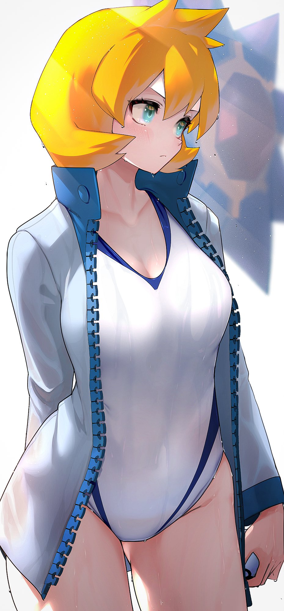 1girls, bangs, big breasts, blue eyes, blush, breasts, closed mouth, competition swimsuit, creatures (company), expressionless, female, female only, game freak, gym leader, hair between eyes, highres, hips, hizake, holding, holding poke ball, huge breasts, human, human only, humanoid, jacket, kashu (hizake), kasumi (pokemon), large breasts, long sleeves, looking to the side, misty (pokemon), nintendo, one-piece swimsuit, open clothes, open jacket, orange hair, poke ball, pokemon, pokemon (anime), pokemon (classic anime), pokemon (game), pokemon (manga), pokemon bw2, pokemon frlg, pokemon gsc, pokemon hgss, pokemon lgpe, pokemon masters ex, pokemon rgby, pokemon trainer, short hair, solo, solo female, starmie, swimsuit, thick, thick thighs, thighs, tomboy, wide hips