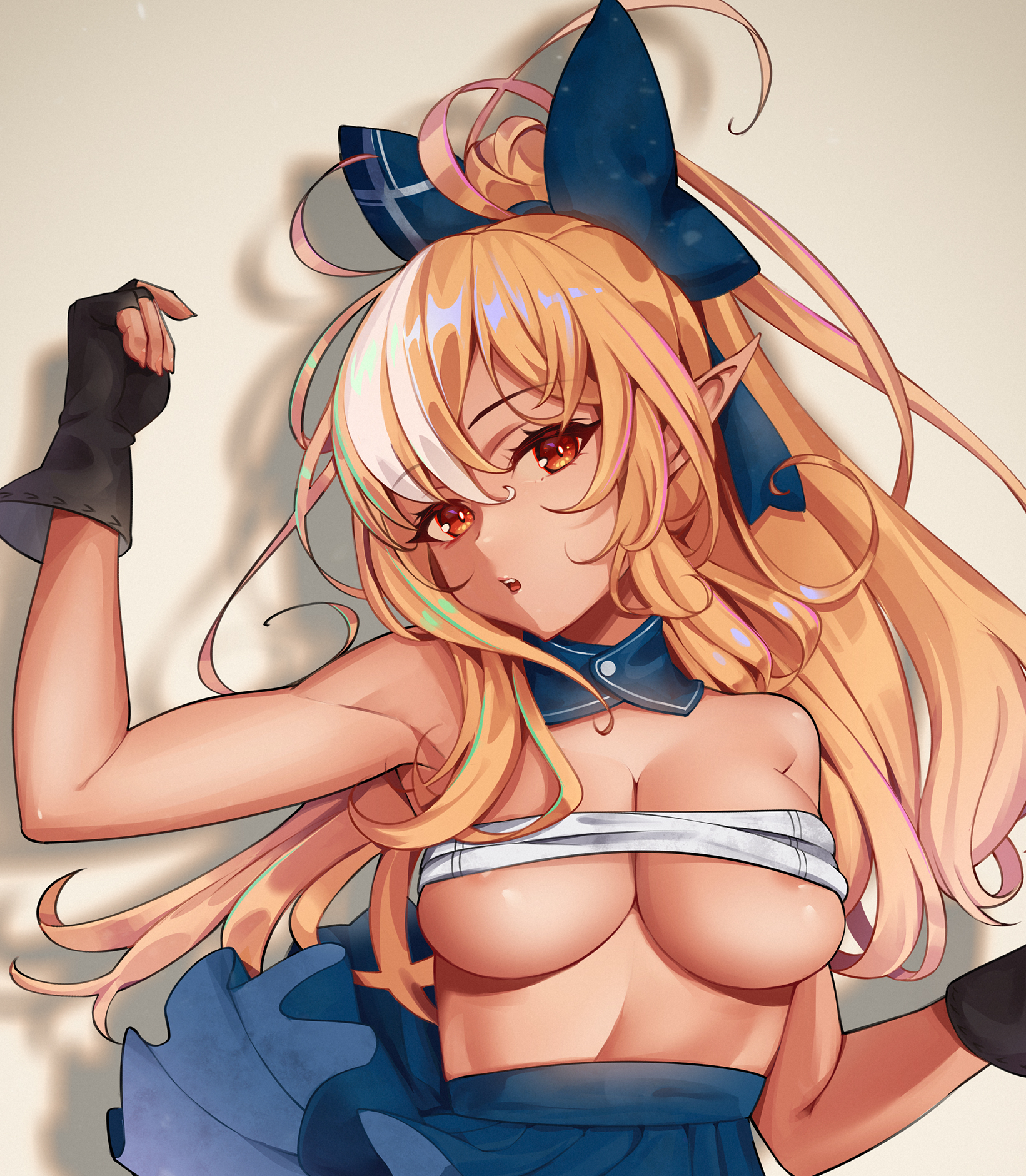 1girls, 2022, 2d, alternate version available, areola slip, artist signature, bare arms, bare midriff, bare shoulders, big breasts, blonde hair, bow, breasts, elf, elf ears, elf girl, female, female focus, female only, fit, fit female, gloves, greatodoggo, hi res, hololive, hololive fantasy, hololive japan, large breasts, long ears, long hair, lying on back, pointy ears, ponytail, red eyes, shiranui flare, solo, solo female, tanned skin, underboob, upper body, virtual youtuber