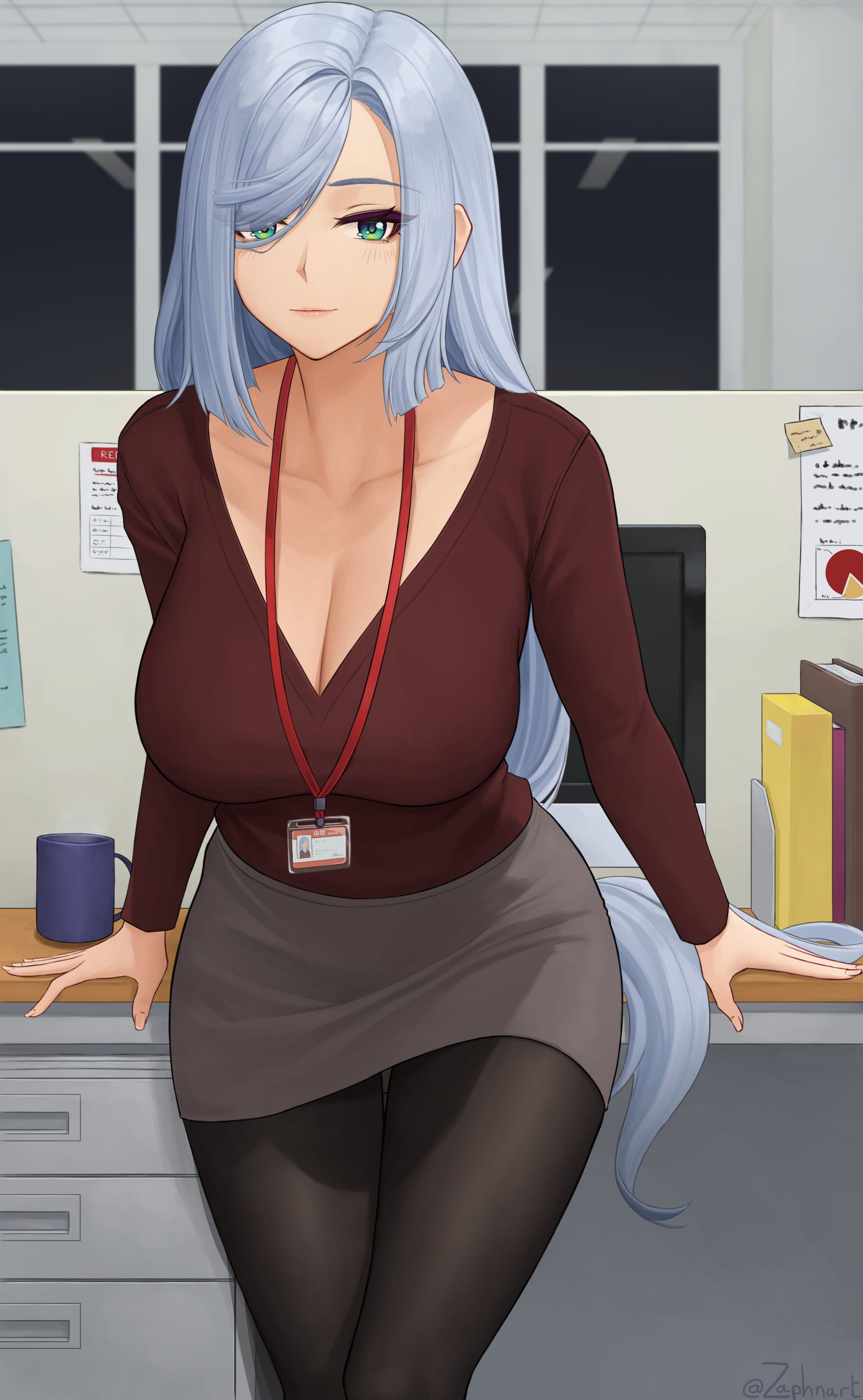 1girls, 2022, blush, breasts, business woman, cleavage, clothed, clothed female, female, female only, genshin impact, green eyes, hi res, hips, huge breasts, indoors, leaning forward, light blush, low neckline, name tag, office, office lady, pantyhose, shenhe (genshin impact), skirt, slim waist, smile, smiling at viewer, thick thighs, thighs, tights, very long hair, white hair, wide hips, zaphn