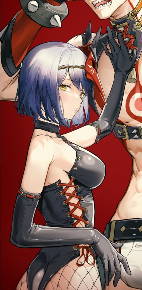 1boy, 1girls, arataki itto, ass, bdsm, bdsm outfit, belt, bird, black, breasts, bulge, collar, dominatrix, erection, erection under clothes, female, fishnet legwear, fishnets, genshin impact, gloves, hetero, highleg, kujou sara, latex, latex clothing, leotard, male, mask, side-tie leotard, sideboob, sleeves