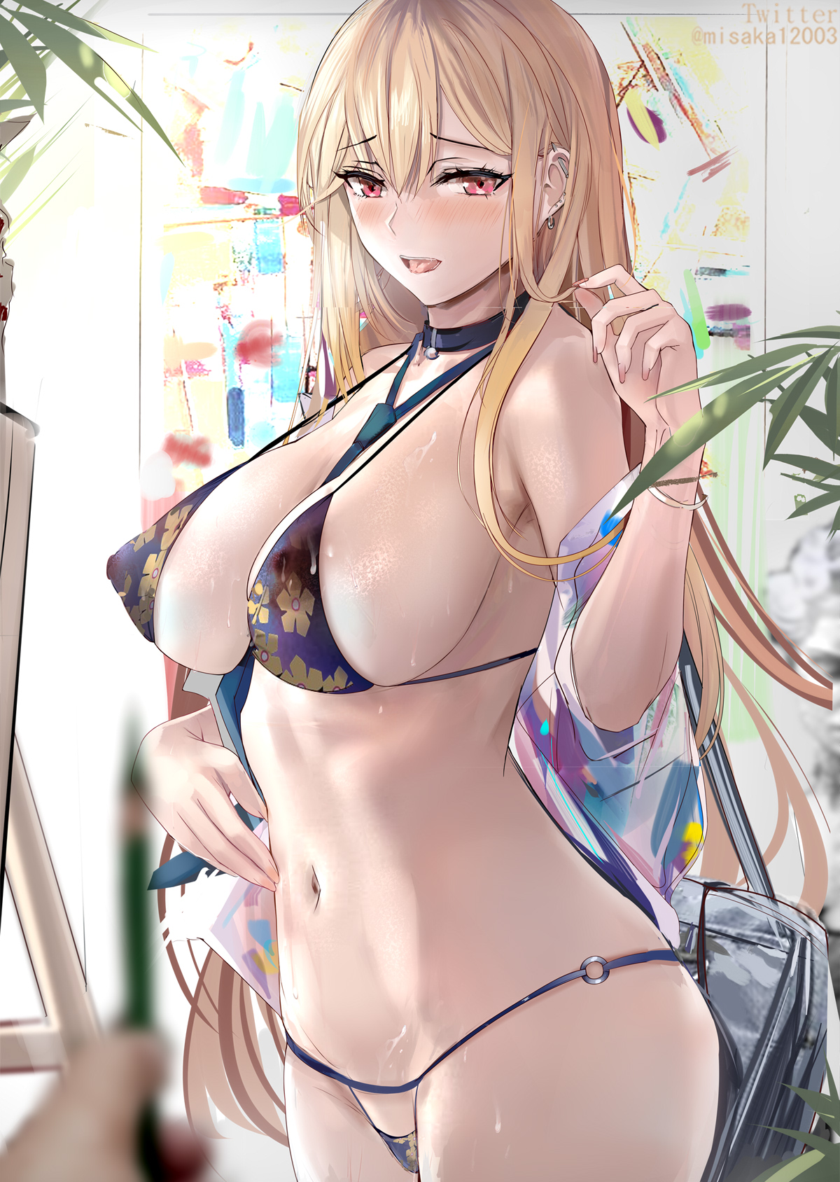 1girls, bag, between breasts, bikini, blonde hair, breasts, choker, collar, covered nipples, dripping, ear piercing, earrings, female, gyaru, handbag, highres, jewelry, kitagawa marin, large breasts, long fingernails, looking at viewer, misaka 12003-gou, nail polish, navel, necktie, necktie between breasts, nipples, o-ring, open mouth, piercing, playing with own hair, red eyes, ribs, see-through, see-through swimsuit, sideboob, skindentation, solo, sono bisque doll wa koi wo suru, sweat, sweatdrop, swimsuit