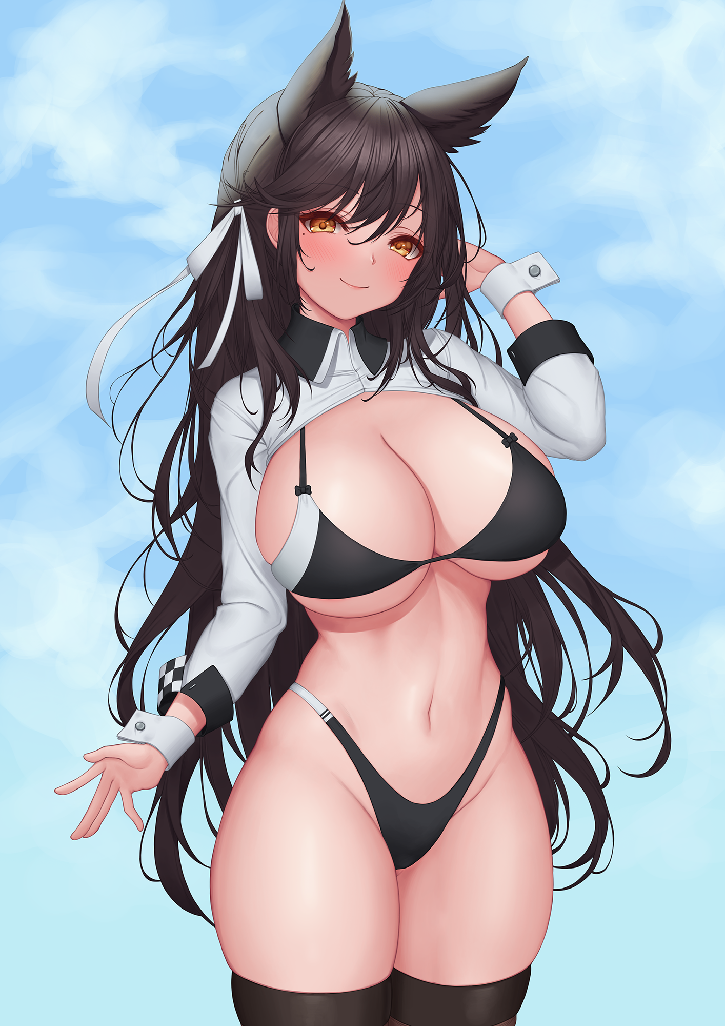 animal ears, atago (azur lane), atago (stunning speedster) (azur lane), azur lane, bangs, bikini, bikini bottom, bikini top, black bikini, black hair, black legwear, blush, breasts, brown eyes, cleavage, closed mouth, commentary, covered nipples, cowboy shot, dog ears, eyebrows visible through hair, female, groin, hair between eyes, hair ribbon, hand up, highleg, highleg bikini, highres, jacket, large breasts, long hair, looking at viewer, mole, mole under eye, multi ear, navel, official alternate costume, pinkcap, race queen, ribbon, shrug (clothing), sidelocks, skindentation, smile, solo, standing, stomach, swept bangs, swimsuit, thighhighs, two-tone bikini, white jacket, white ribbon, wrist cuffs