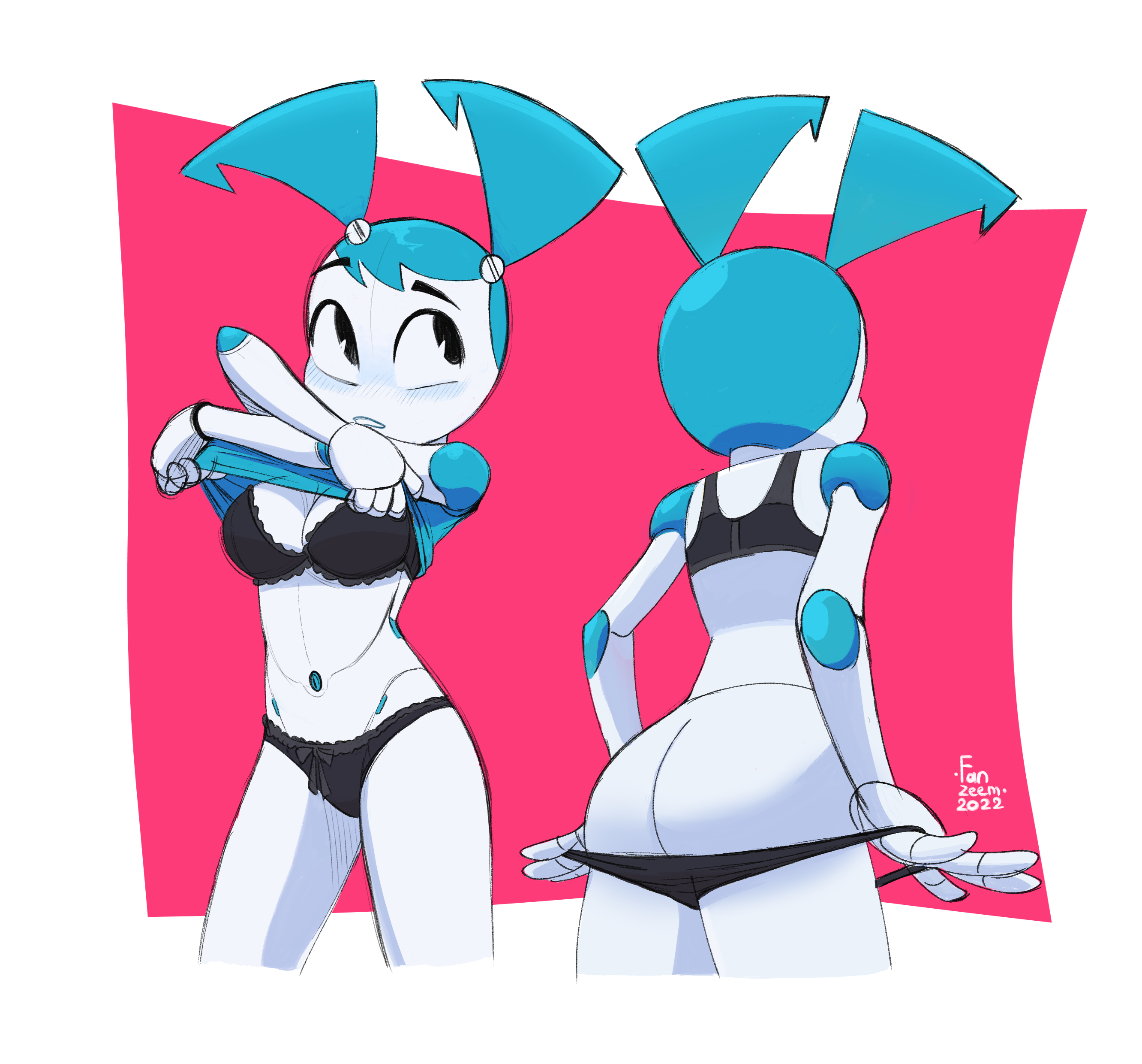 1girls, ass, black bra, black panties, boobs, bra, breasts, fanzeem 2nd, female, female focus, female only, jenny wakeman, medium breasts, metal, metal skin, metallic body, my life as a teenage robot, nickelodeon, panties, panties down, robot, robot ears, robot girl, robot humanoid, robot joints, robotic arm, segmented body, smooth skin, solo, solo female, solo focus, tits, underwear, white body, xj-9