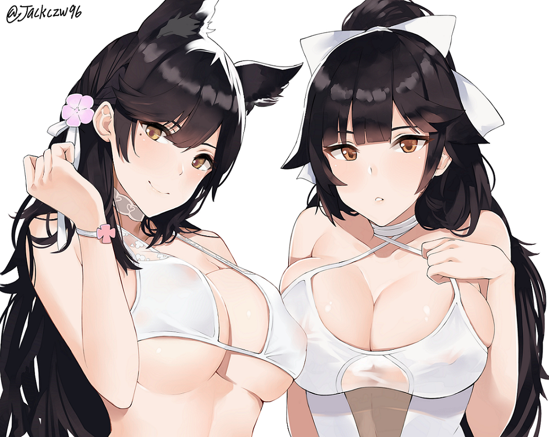 2girls, alternate costume, animal ears, asymmetrical docking, atago (azur lane), atago (summer march) (azur lane), azur lane, bangs, bikini, black hair, blush, bow, breast press, breasts, brown eyes, closed mouth, covered nipples, eyebrows visible through hair, female, hair ribbon, hairbow, j@ck, large breasts, leaning forward, light skin, light-skinned female, long hair, looking at viewer, mole, mole under eye, multi ear, multiple females, multiple girls, one-piece swimsuit, parted lips, ponytail, ribbon, sakura empire (azur lane), simple background, skindentation, smile, swept bangs, swimsuit, takao (azur lane), takao (beach rhapsody) (azur lane), twitter username, upper body, very long hair, white background, white bikini, white bow, white ribbon, white swimsuit, wristband