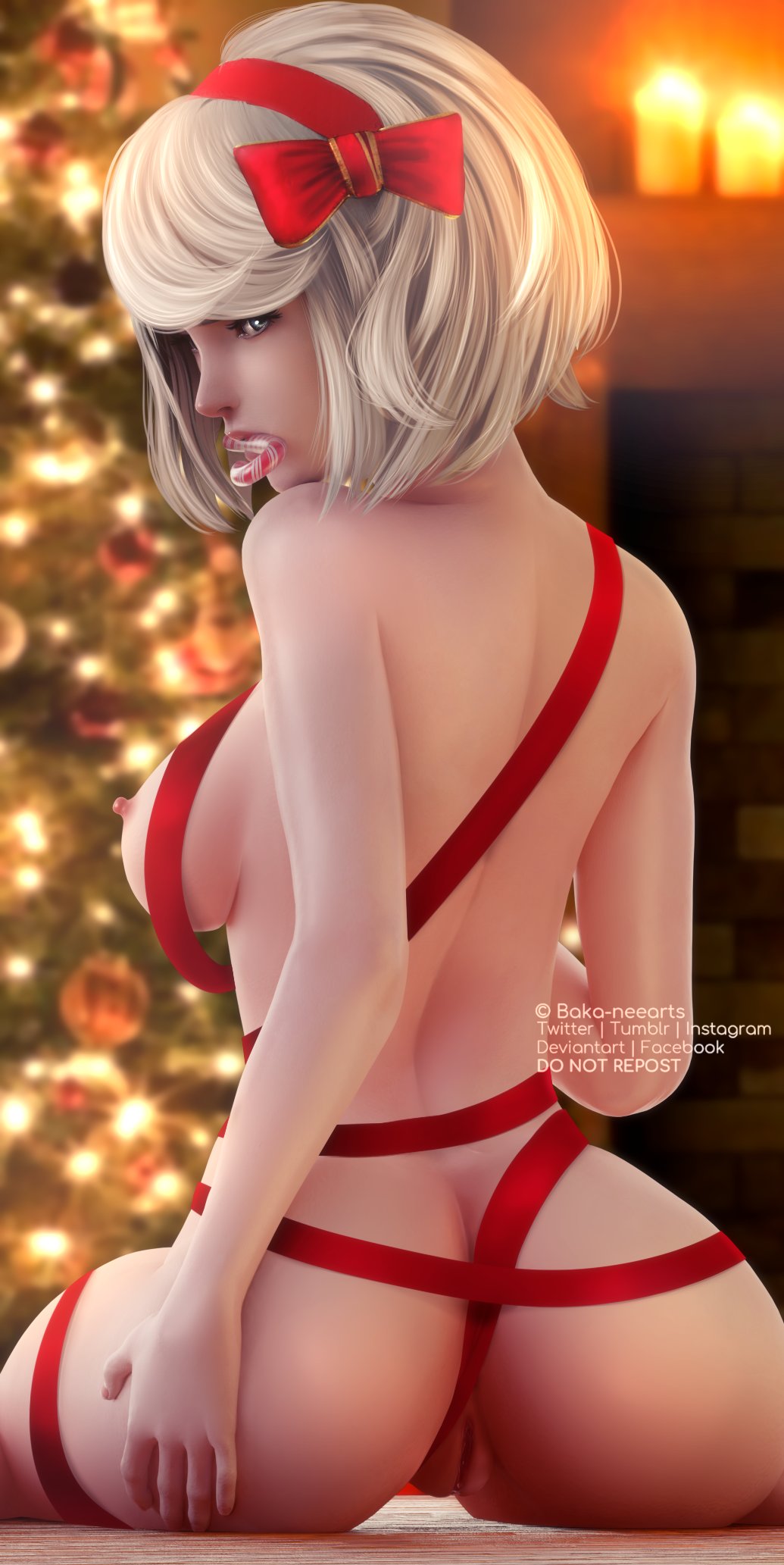 1girls, 3d, areolae, ass, back view, blender, blue eyes, bob cut, breasts, candy cane, christmas, christmas tree, erect nipples, female, female only, functionally nude, gift wrapped, looking at viewer, looking back, nier, nier: automata, nipples, pussy, ria-neearts, ribbon, ribboned body, sitting, solo, white hair, yorha 2b