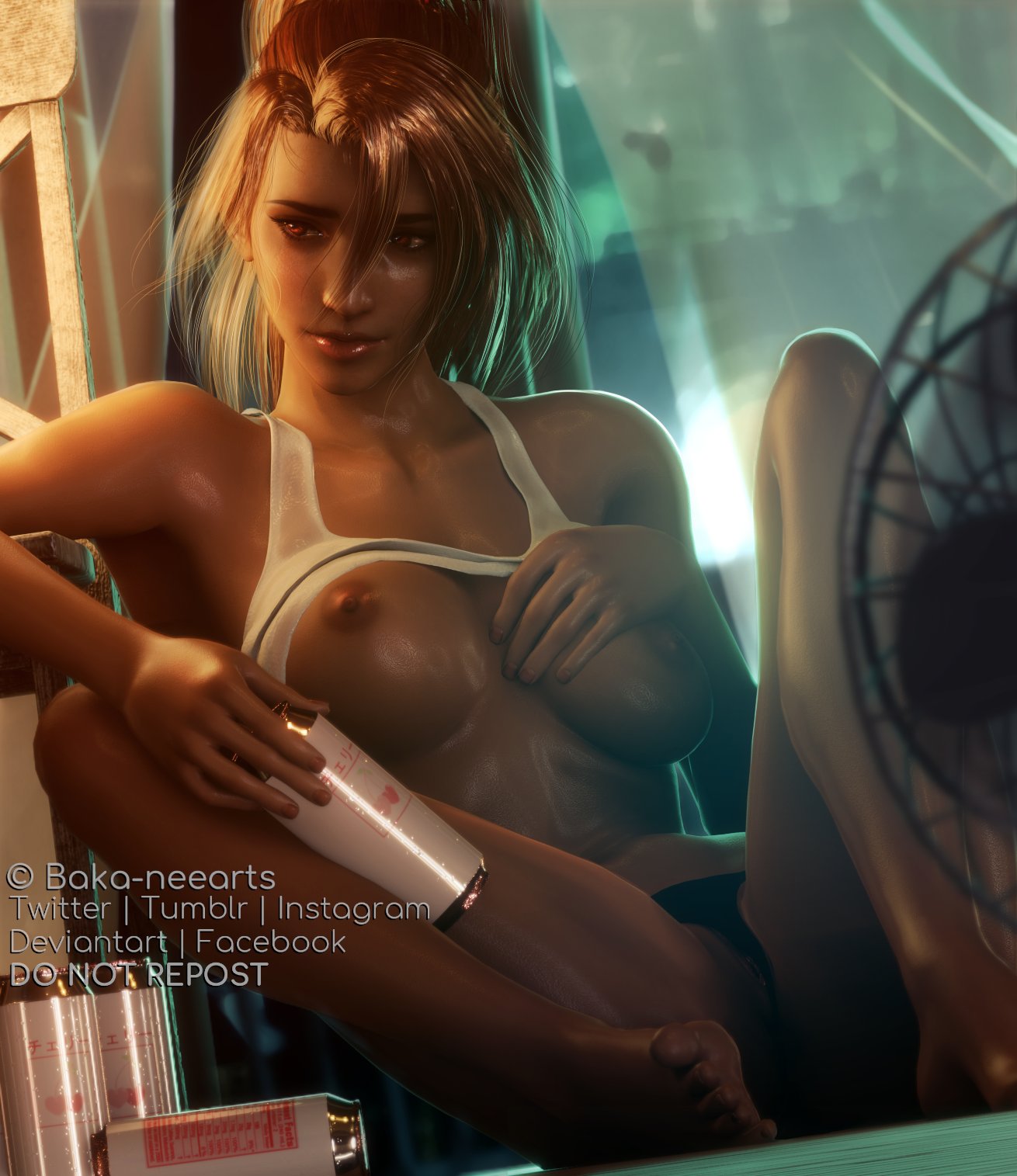 1girls 3d areolae barefoot blender breasts breasts_out brown_hair can electric_fan fan female female_only final_fantasy final_fantasy_vii final_fantasy_vii_remake heat_(temperature) jessie_rasberry large_breasts looking_away nipples panties panties_aside ponytail pussy ria-neearts solo sweat tan_skin wet_skin