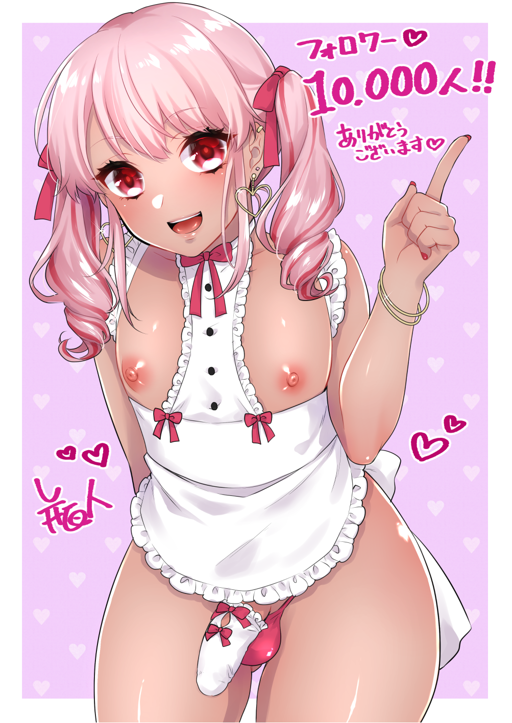 1boy apron binbinsuke binto_(artist) blush clothing comic crossdressing earrings eyebrows_visible_through_hair femboy genitalwear girly gyaru gyaru-oh gyaru-oh_femboy gyaruo hair_ribbon heart heart_earrings highres jewelry kogal looking_at_viewer male male_focus naked_apron nipples open_mouth original otoko_no_ko partially_clothed pectorals penis pink_eyes pink_hair pointing pointing_up ribbon sasaki_saaya smile solo tan trap twintails