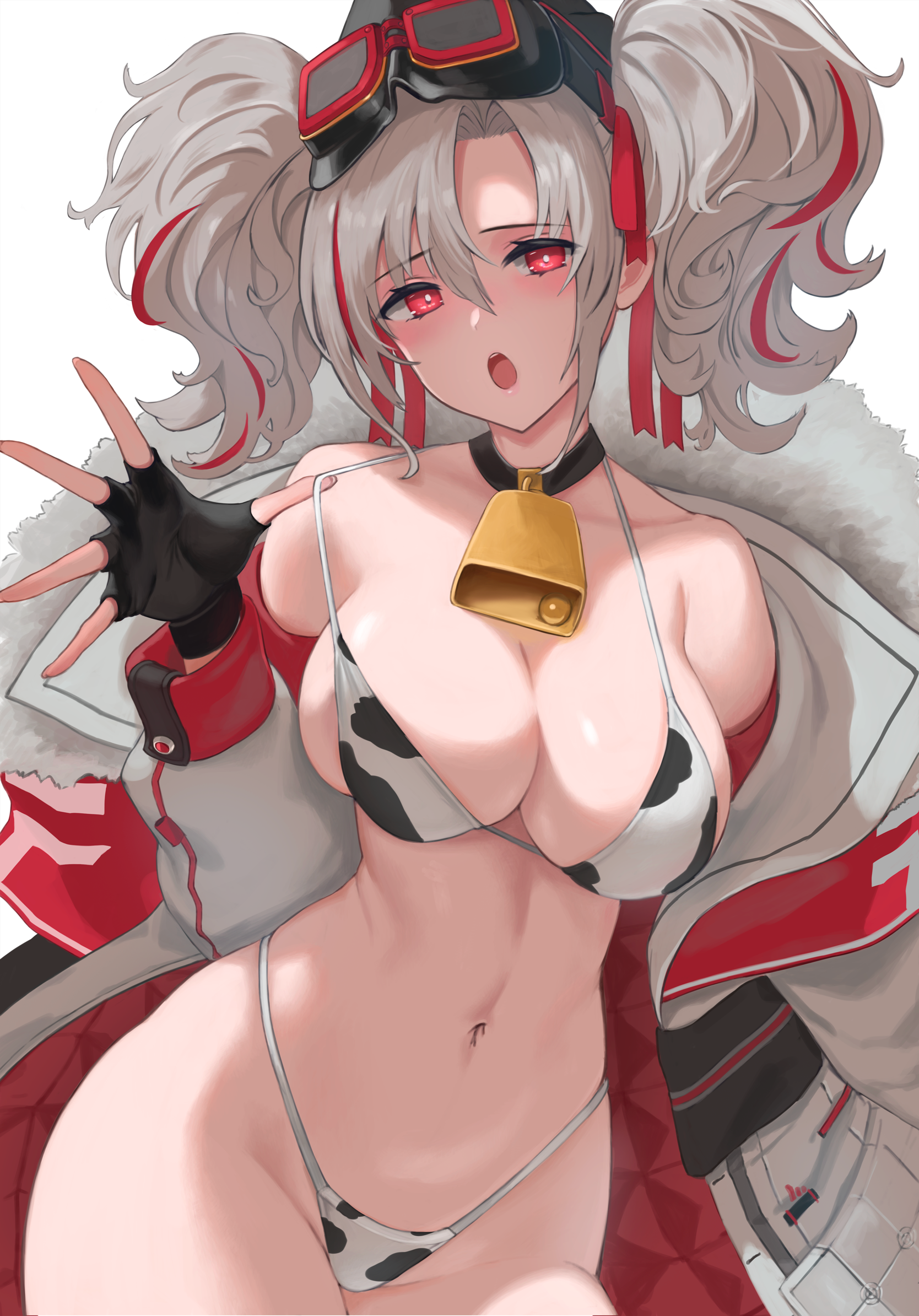 :o, 1girls, 2021, animal print, azur lane, bangs, bell, bikini, bikini under clothes, black gloves, breasts, cleavage, cow print, cowbell, cowboy shot, dai00888, eyebrows visible through hair, female, female focus, female only, fingerless gloves, gloves, goggles, goggles on head, grey jacket, hair between eyes, hair ribbon, highres, iron blood (azur lane), jacket, large breasts, leaning to the side, looking at viewer, multicolored hair, navel, neck bell, off shoulder, open clothes, open jacket, open mouth, print bikini, prinz adalbert (azur lane), red eyes, red hair, red ribbon, ribbon, silver hair, simple background, solo, solo female, standing, string bikini, swimsuit, twintails, two-tone hair, white background