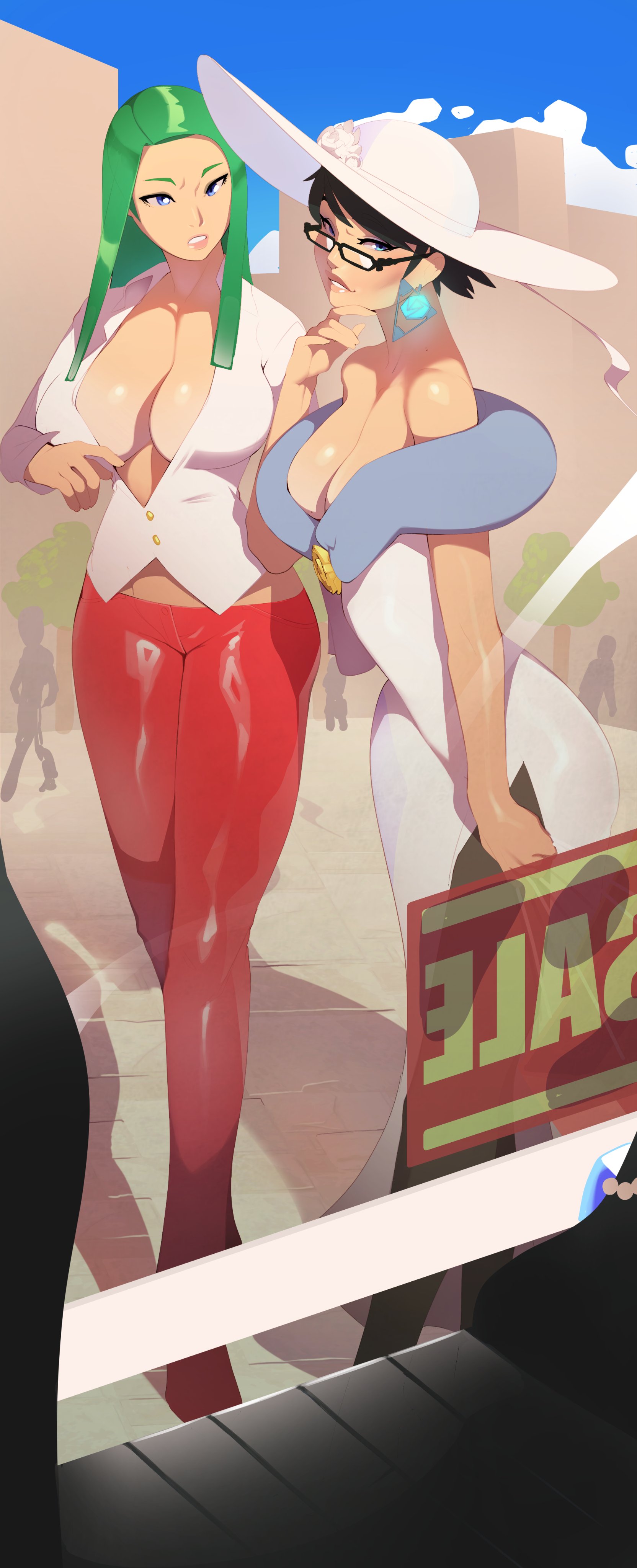 2girls, alternate costume, bayonetta, bayonetta (character), bayonetta 2, big breasts, biting lip, black hair, blue eyes, breasts, busty, capcom, cleavage, clothing, combos-n-doodles, crossover, curvy, darkstalkers, demon, dress, earrings, female, female only, glasses, green hair, large breasts, morrigan aensland, pants, sega, shirt, shopping, smile, succubus, voluptuous