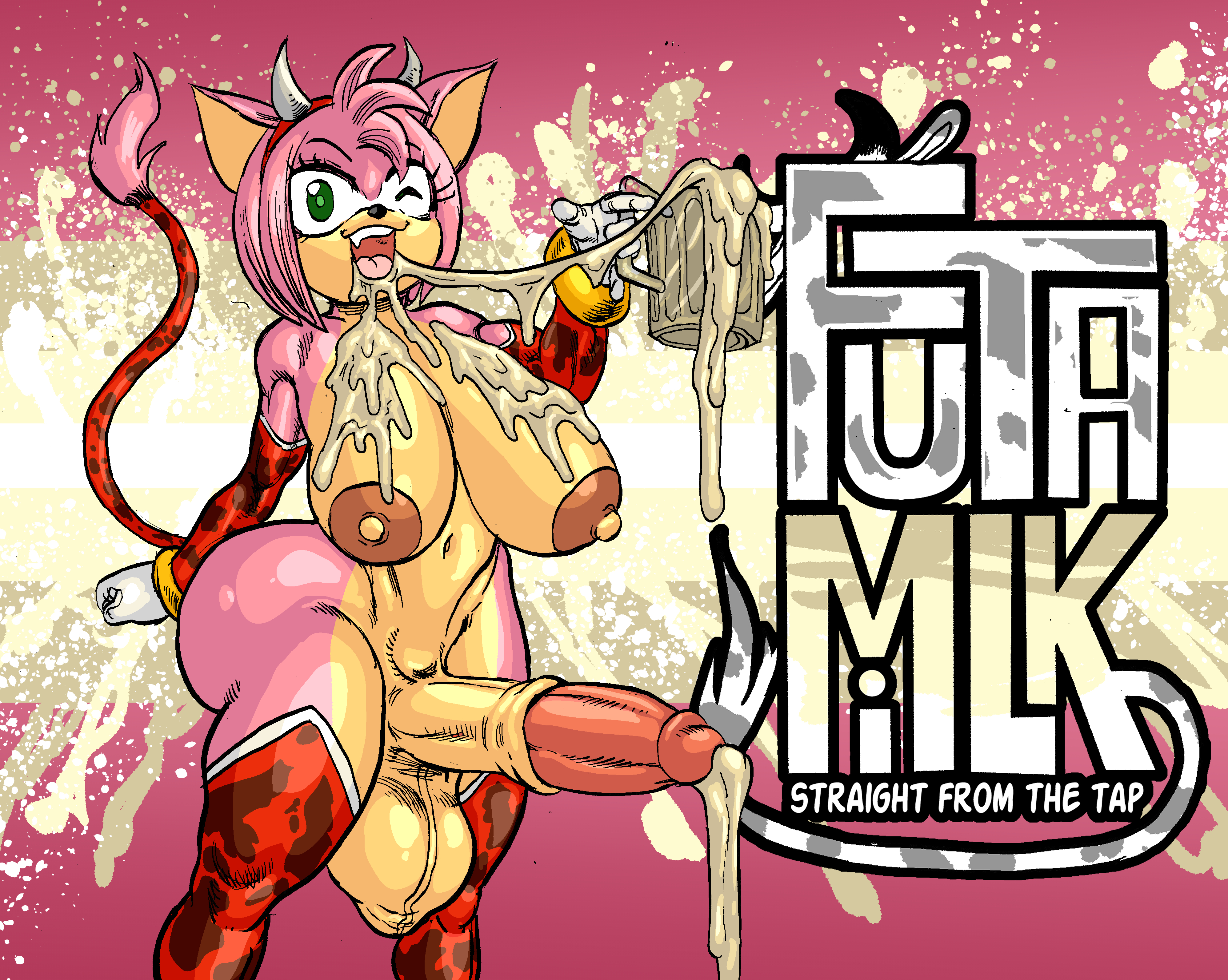 1futa, 5:4, absurd res, amy rose, anthro, arm sleeves, armwear, ass, balls, balls clench, beer mug, big ass, big breasts, big penis, bob cut, bracelet, breasts, casual, casual bukkake, cow horns, cow tail, cum, cum on breasts, digital media (artwork), drinking cum, english text, eulipotyphlan, excessive cum, exposed torso, fang, futa only, futamilk, futanari, goudadunn, green eyes, hairband, hedgehog, hi res, huge ass, huge breasts, huge cock, hyper penis, intersex, leaking cum, legwear, nipples, nude, open mouth, penis, pink fur, pink hair, sega, solo, sonic (series), sonic the hedgehog (series), standing, stockings, tail, teeth, testicles, testicles clench, text, thick thighs, wink