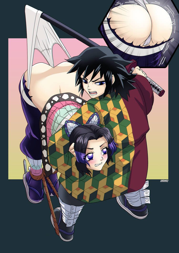 1boy 1girls big_ass black_hair blue_eyes blush butterfly_hair_ornament demon_slayer female fighting haori headlock juhuca kimetsu_no_yaiba kochou_shinobu looking_at_another looking_back male nacalfos nclfs01 panties panty_pull purple_eyes sword tomioka_giyuu wedgie white_panties