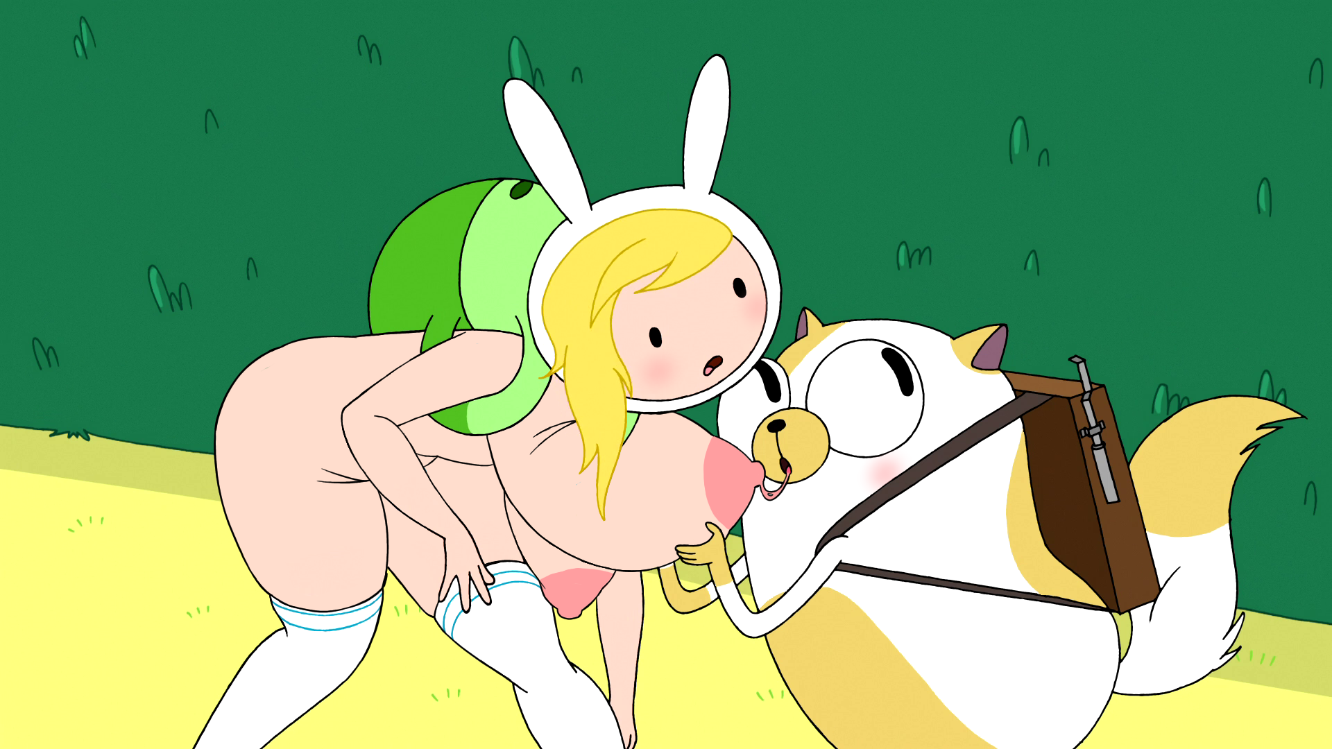 accurate art style, adventure time, backpack, bag, big breasts, big hips, blush, breasts, cake the cat, casual, edit, female, fionna the human girl, grabbing breasts, headwear, legwear, mostly nude, naked, nude, nude female, rawhell, screencap, screenshot, screenshot edit, socks, socks only, sucking nipples, thighhighs, thighhighs only, wide hips