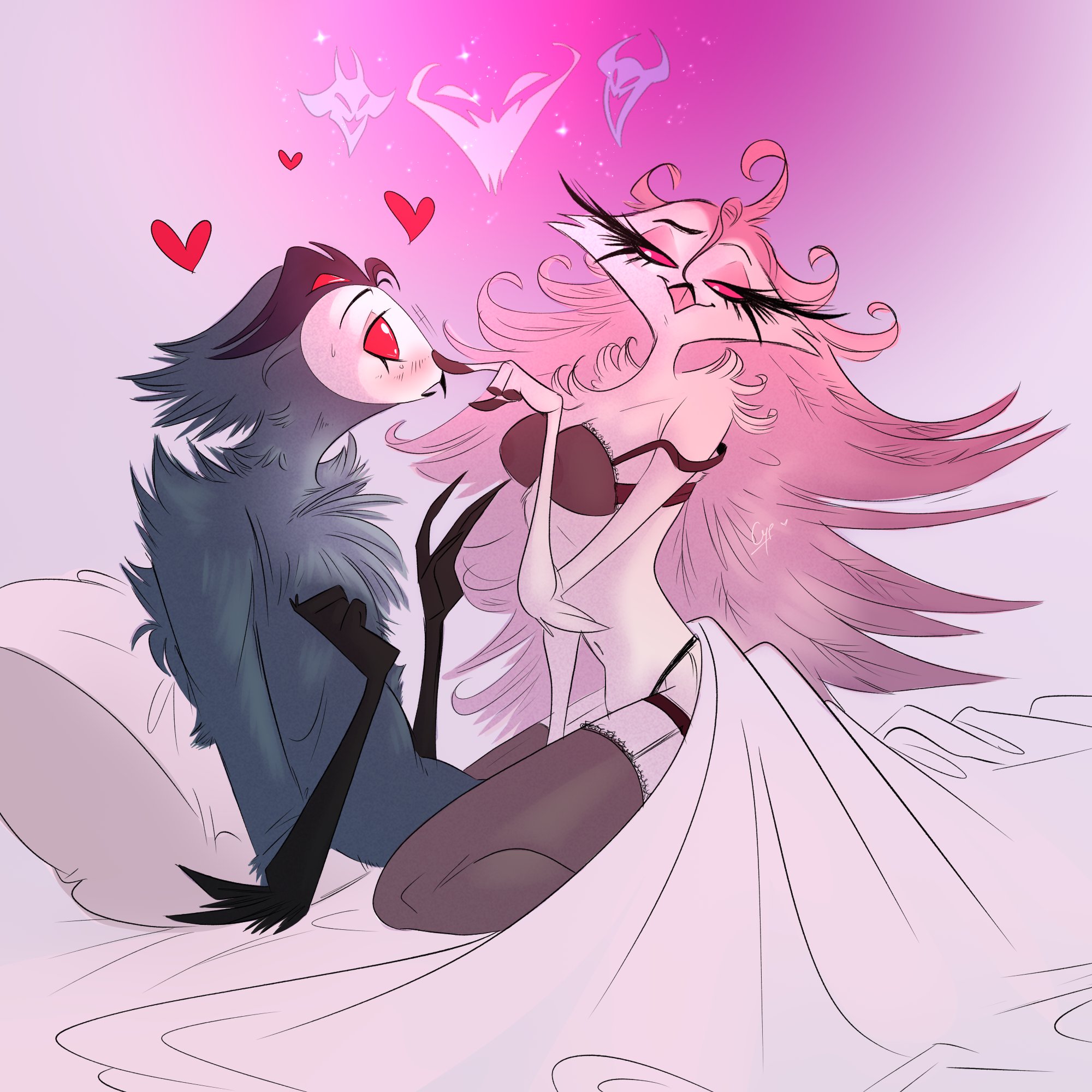 anthro, anthro on anthro, avian, beak, bird, black fur, blue fur, blush, breasts, claws, demon, dilf, duo, female, helluva boss, husband and wife, male, male/female, married couple, mature female, mature male, milf, open mouth, owl, owl demon, partially clothed, pink eyes, pink fur, red eyes, serenacypb, smile, stella (helluva boss), stolas (helluva boss), straight, two-tone fur, white fur, wholesome