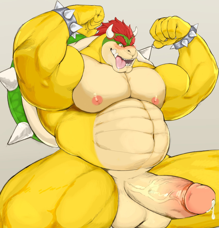 1boy anthro balls bara boner bowser erection flexing flexing_arms gay grey_background koopa male male_only mario_(series) muscles muscular nipples open_mouth penis precum simple_background sitting slightly_chubby smile solo solo_male spread_legs testicles thedragonred12 tongue_out vein veiny_penis