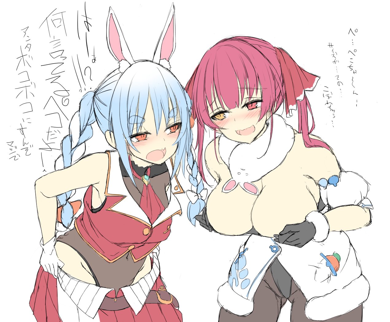 2girls, blue hair, breast size difference, breasts, clothes swap, clothing swap, eyebrows visible through hair, female, heterochromia, hololive, hololive fantasy, hololive japan, houshou marine, large breasts, multiple females, multiple girls, red hair, twintails, usada pekora, virtual youtuber