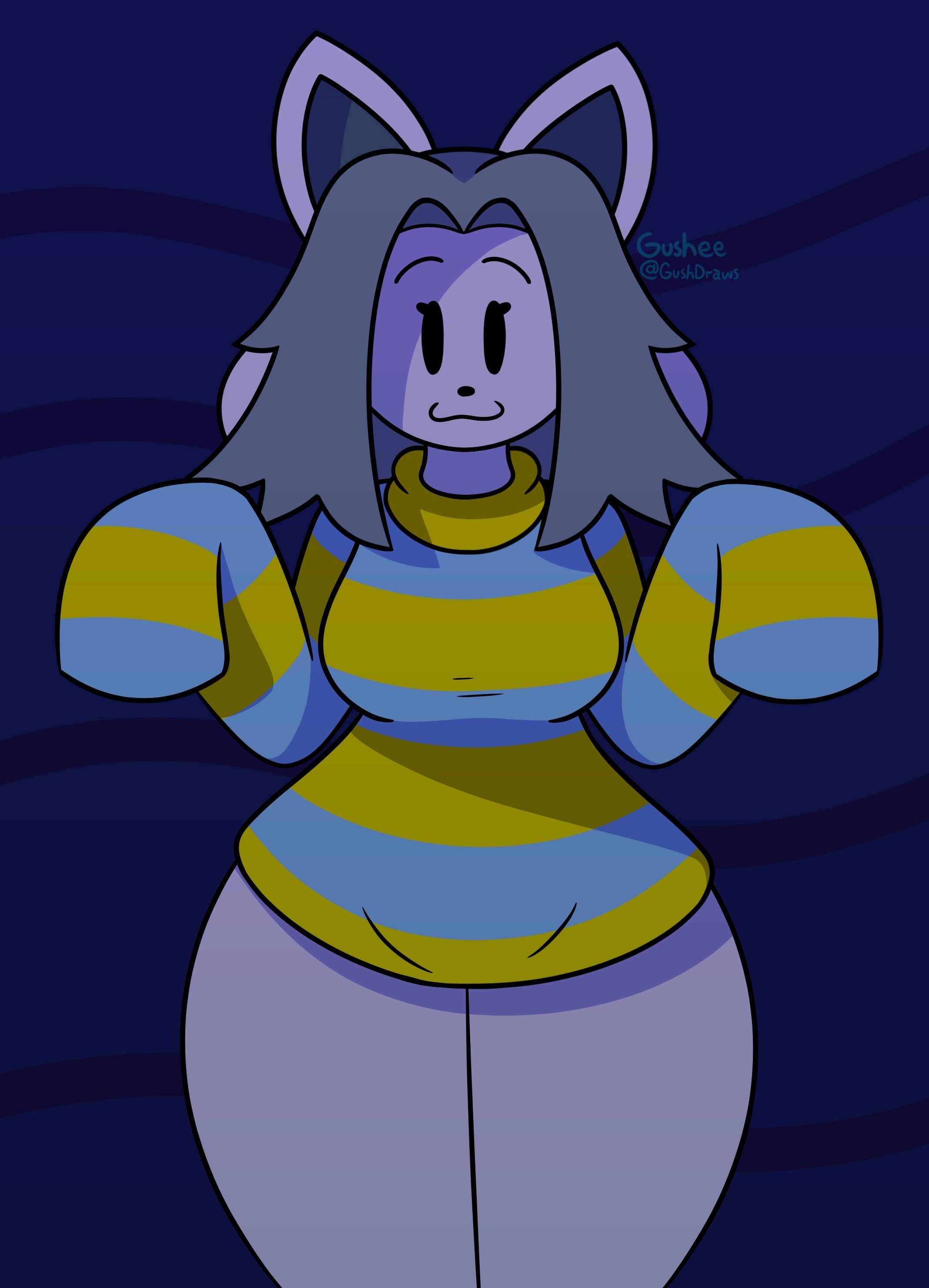 :3, big breasts, bottomless, breasts, cat ears, clothed, clothing, cute, dark background, female, furry, grey hair, gushdraws, long sleeves, no pants, no visible genitalia, striped clothing, striped sweater, temmie (undertale), thick thighs, thighs, undertale, white fur