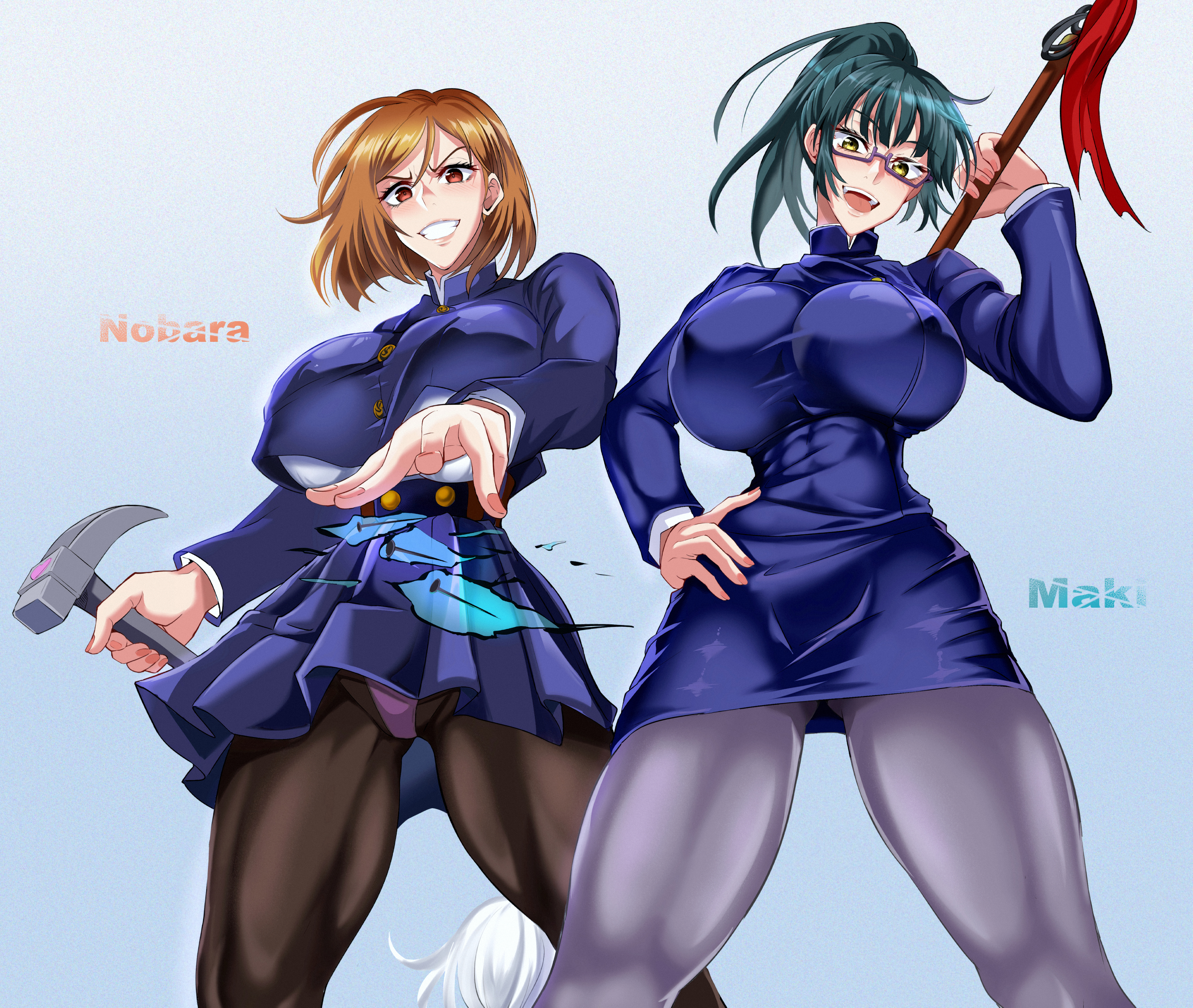 2girls, absurd res, ass visible through thighs, big breasts, black hair, blush, breasts, brown eyes, brown hair, brown-haired female, eyelashes, favorite, female, female focus, female only, fit, fit female, fully clothed, glasses, green hair, green-haired female, hammer, hi res, holding object, huge breasts, jet puri, jujutsu kaisen, kugisaki nobara, large breasts, light skin, light-skinned female, lips, long hair, looking at viewer, looking down, massive breasts, miniskirt, nails, nipple bulge, nipple outline, open mouth, panties, pink panties, ponytail, posing, shiny lips, short hair, small waist, smiling, spear, standing, teeth, thick thighs, thighs, thin waist, tight clothing, tight fit, tights, tools, underboob, underwear, uniform, upper body, upskirt, weapon, wearing glasses, wide hips, zenin maki
