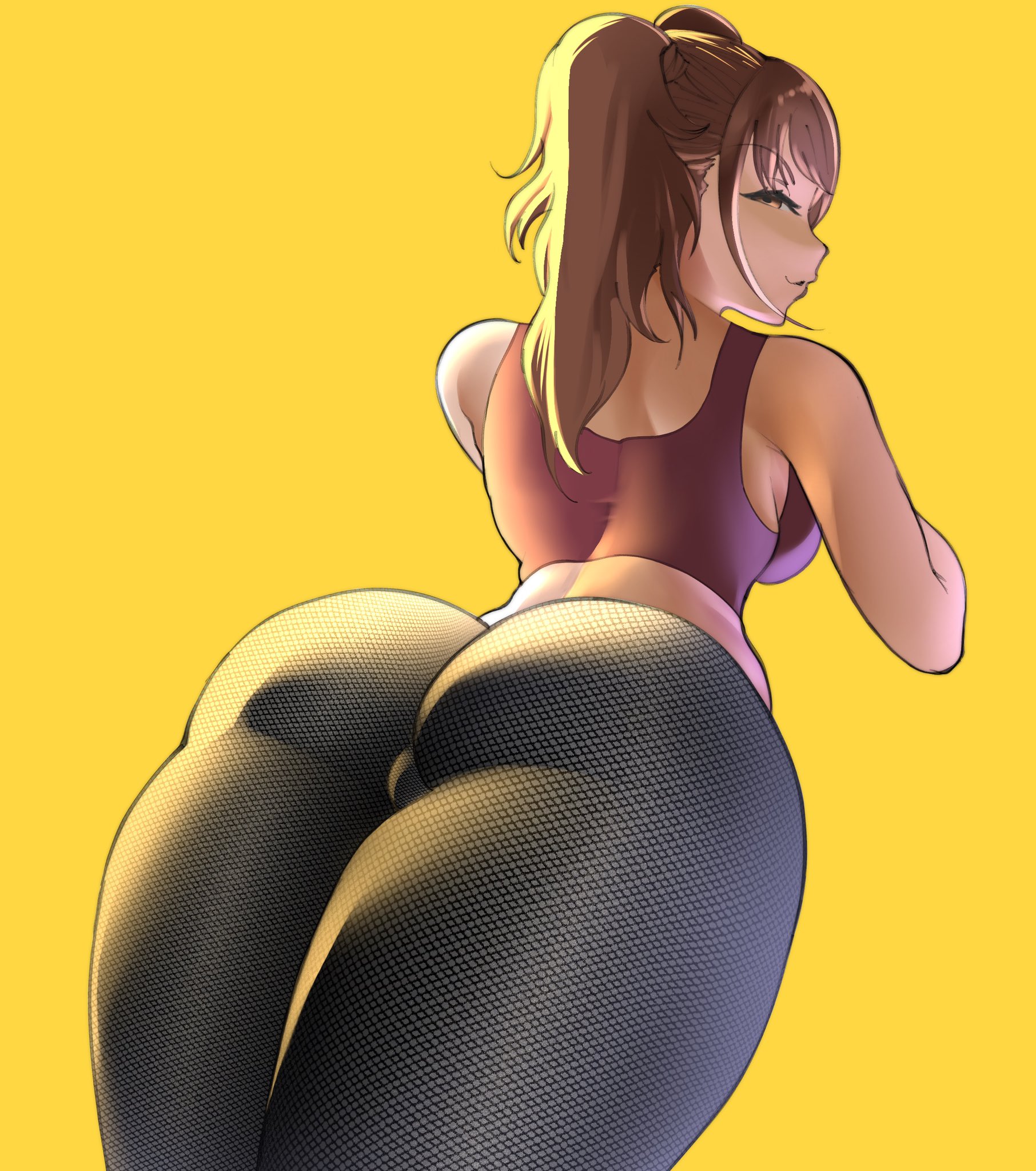 1girls, ass, atlus, brown hair, female, fishnets, kujikawa rise, looking back, okaimikey, persona, persona 4, solo, sports bra, twintails