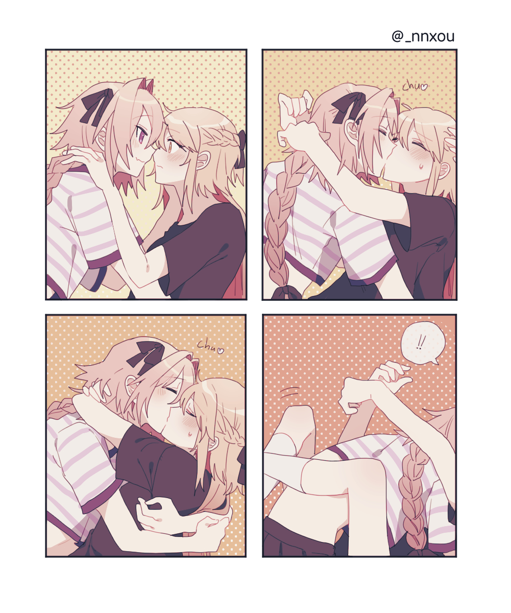 1boy 1girls astolfo_(fate) blush bottomwear closed_eyes clothing dominant_femboy eyebrows_visible_through_hair fate_(series) female_human femboy femboy_on_female femboydom femsub hetero_sex human kiss kissing koyashaka male_human maledom original_character otoko_no_ko pale-skinned_female pale-skinned_femboy pale-skinned_male pale_skin ponytail ponytail_male skirt socks straight straight_sex sweatdrop topwear wholesome