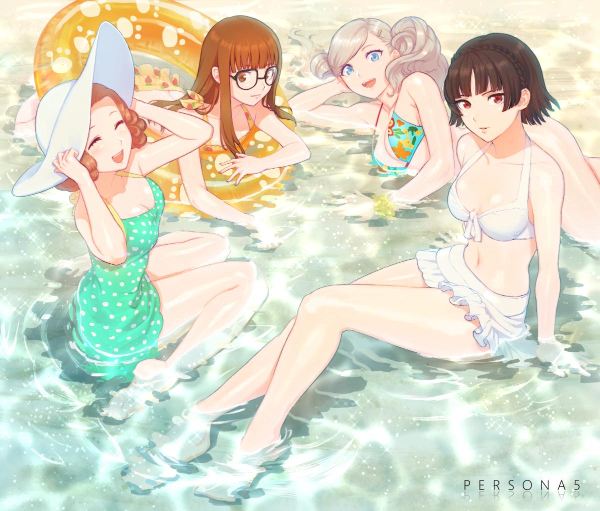 4girls, ann takamaki, ann takamaki (swimsuit), atlus, bare arms, bare legs, bare shoulders, barefoot, beach, bikini, blonde hair, blue eyes, breasts, brown eyes, brown hair, cleavage, female, front-tie top, full body, glasses, haru okumura, haru okumura (swimsuit), hat, light skin, light-skinned female, looking at viewer, lying, makoto niijima, makoto niijima (swimsuit), medium breasts, midriff, multiple females, multiple girls, nekobayashi (nekoforest), ocean, on side, one-piece swimsuit, outdoors, outside, partially submerged, persona, persona 5, red eyes, sakura futaba, sakura futaba (swimsuit), short hair, sitting, stomach, swimsuit, twintails, water, wet skin
