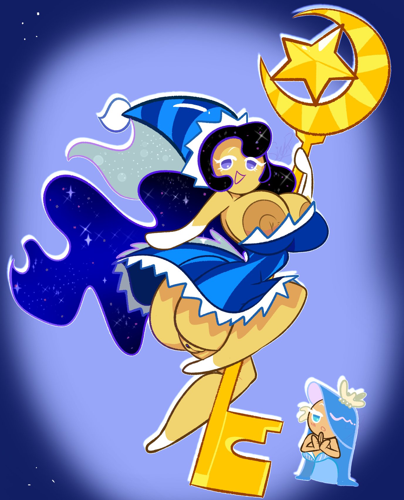 2girls big_ass big_breasts black_hair blue_eyes blue_hair breasts breasts_bigger_than_head breasts_out clapping cleavage cookie_run cookie_run_kingdom cookie_run_ovenbreak dress exposed exposed_ass exposed_breasts exposed_pussy female galaxy_hair hat hi_res holding_object key looking_back moonlight_cookie multicolored_hair multiple_girls open_mouth pixelzsinful pose posing purple_eyes pussy sea_fairy_cookie seashell shaded smiling solo_focus space_hair staff vagina water_hair wavy_hair wholesome yuri