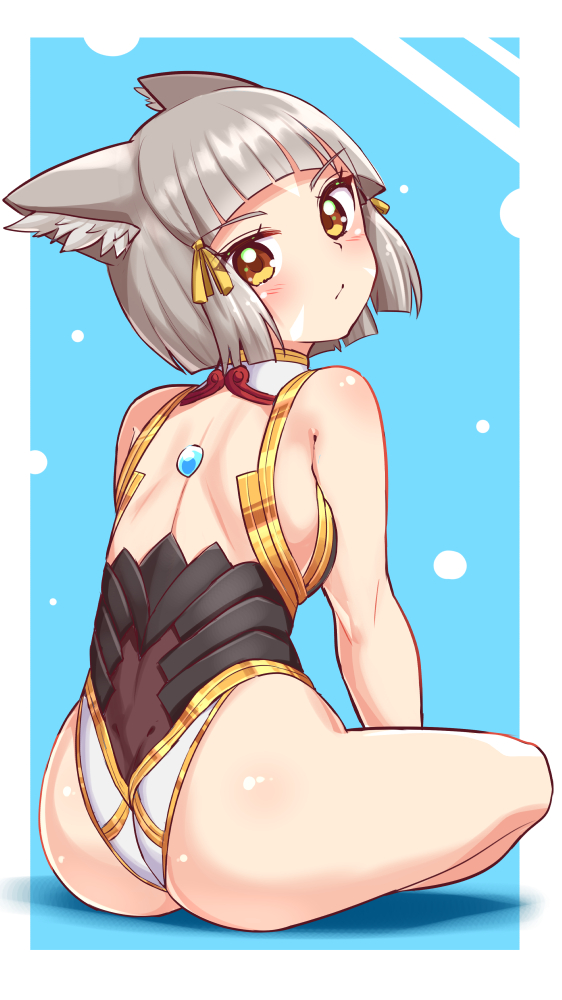 1girls, animal ears, ass, blush, cat ears, cougar1404, cute, female, grey hair, looking back, nia, nia (xenoblade), nintendo, solo, xenoblade (series), xenoblade chronicles 2