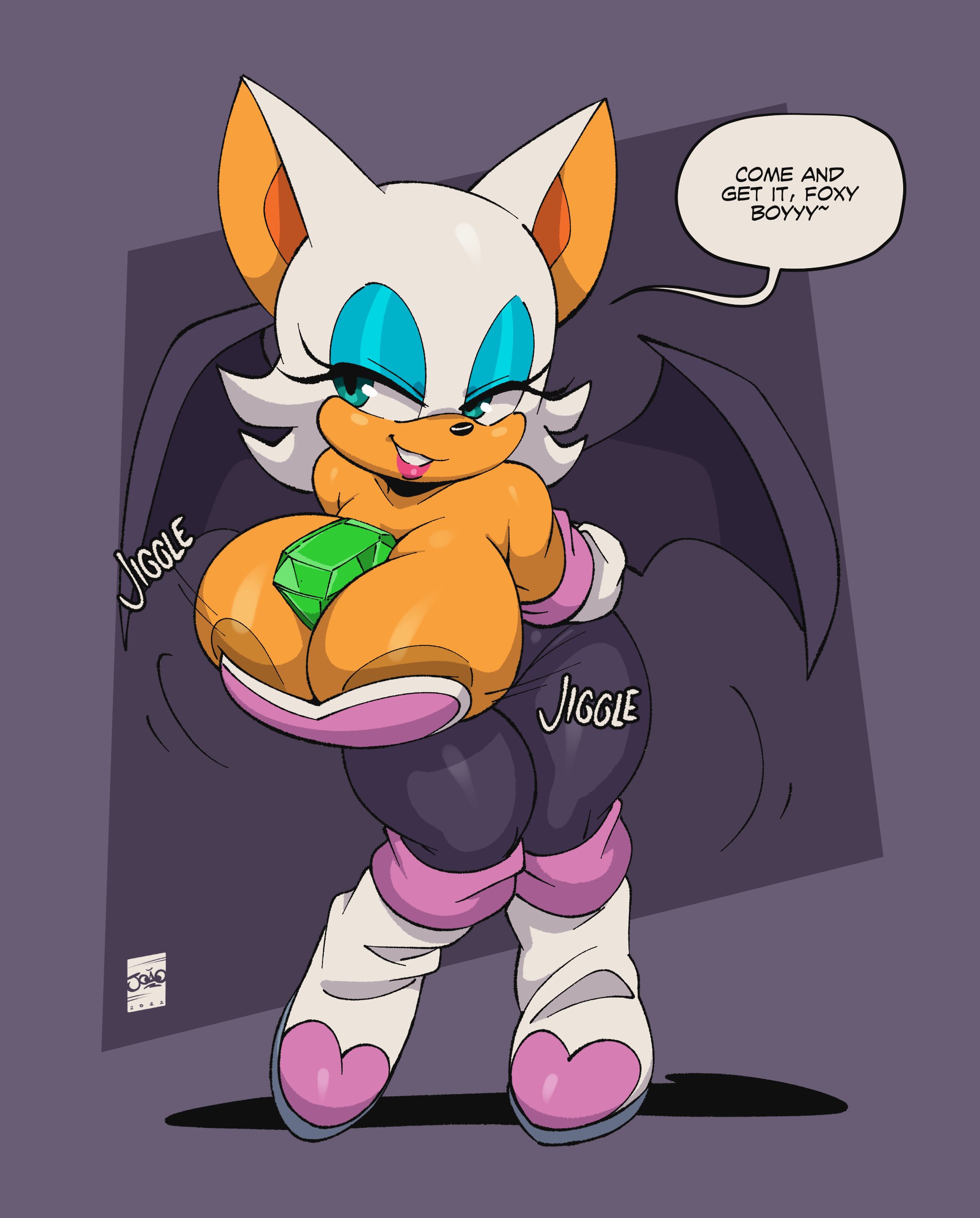 1girls, 2022, absurd res, anthro, areola, areola slip, bat, bedroom eyes, between breasts, big areola, big breasts, big nipples, breast jiggle, breasts, brown areola, brown background, bursting breasts, busty, chaos emerald, chiropteran, cleavage, clothed, clothing, dark areola, dark nipples, dialogue, english text, female, female only, fur, furry, furry only, hands behind back, hi res, huge areolae, huge breasts, huge nipples, jiggling, joaoppereiraus, large breasts, mammal, narrowed eyes, nipple slip, nipples, overflowing breasts, presenting, presenting breasts, rouge the bat, seductive, sega, shaking breasts, solo, solo female, sonic (series), sonic the hedgehog (series), speech bubble, tails, tails the fox, tan skin, text, voluptuous, wide hips