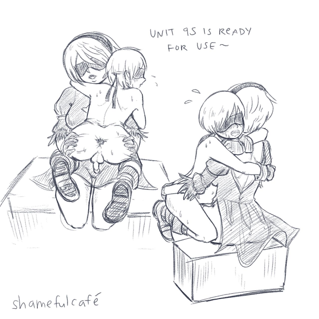 1boy, anus, ass, ass grab, backsack, balls, balls clench, ballsack, blindfold, clothed, clothing, english text, female, hairband, male, monochrome, nier: automata, nude, nude male, penis, shamefulcafe, sketch, small penis, smaller male, testicles, testicles clench, text, white hair, yorha 2b, yorha 9s