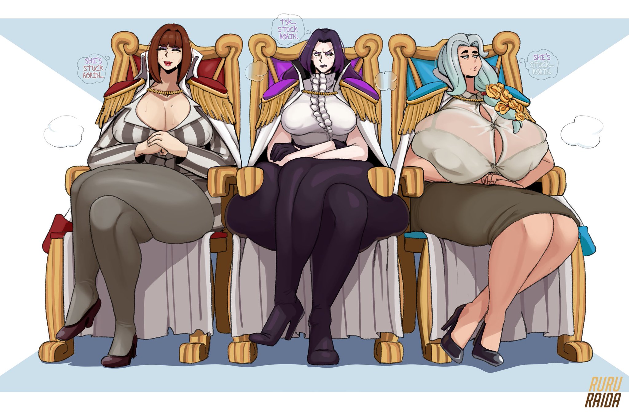 3girls, alma (sundown), annoyed, arms crossed, ass, big ass, big breasts, breasts, cleavage, dark hair, english text, female, female only, high heels, huge ass, huge breasts, inconvenient ass, light skin, light-skinned female, long hair, mara (sundown), marine (one piece), mature female, milf, one piece, original, original character, pale skin, pale-skinned female, ruru-raida, sally (sundown), sitting, sitting on chair, stuck in object, sunnysundown, sweat, sweaty, thick thighs, wide hips