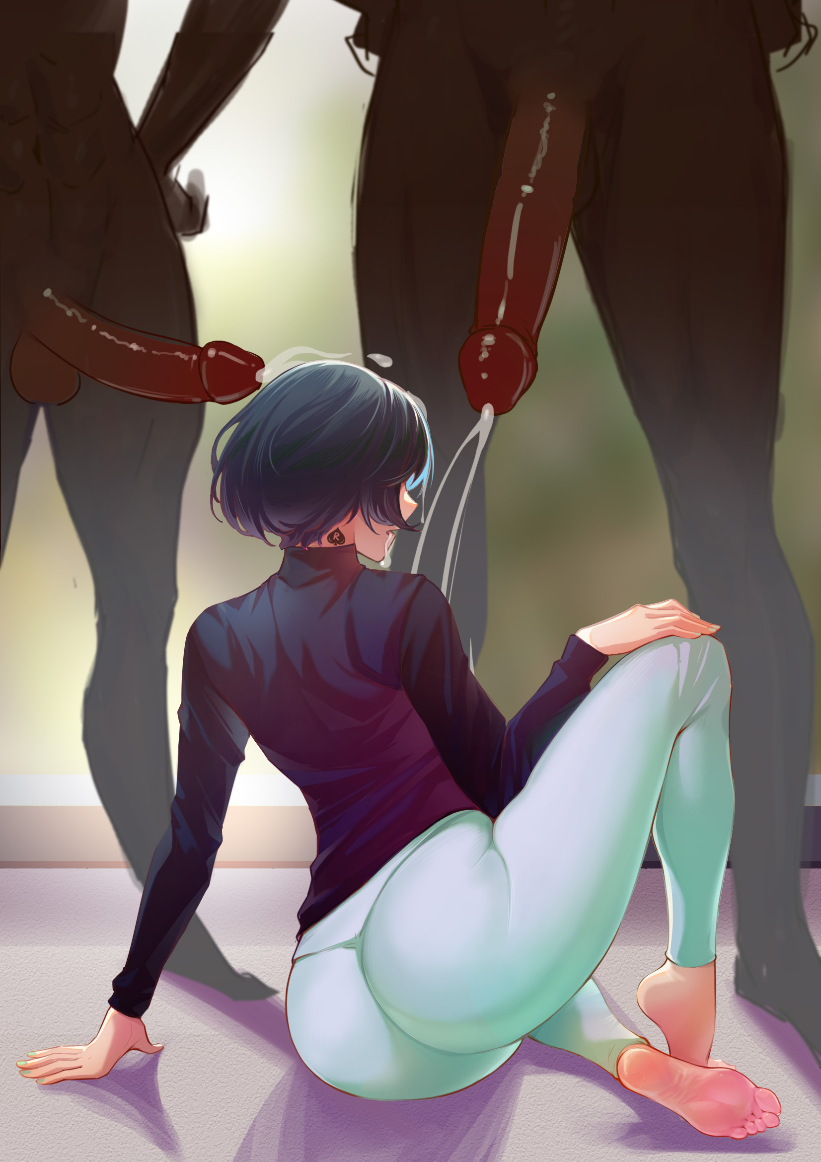 1girls, 2boys, bad id, bad pixiv id, cum, cum in mouth, cumshot, dark skin, dark-skinned female, female, fkf, highres, interracial, looking away, male, netorare, original, original character, pixiv, queen of spades, wife