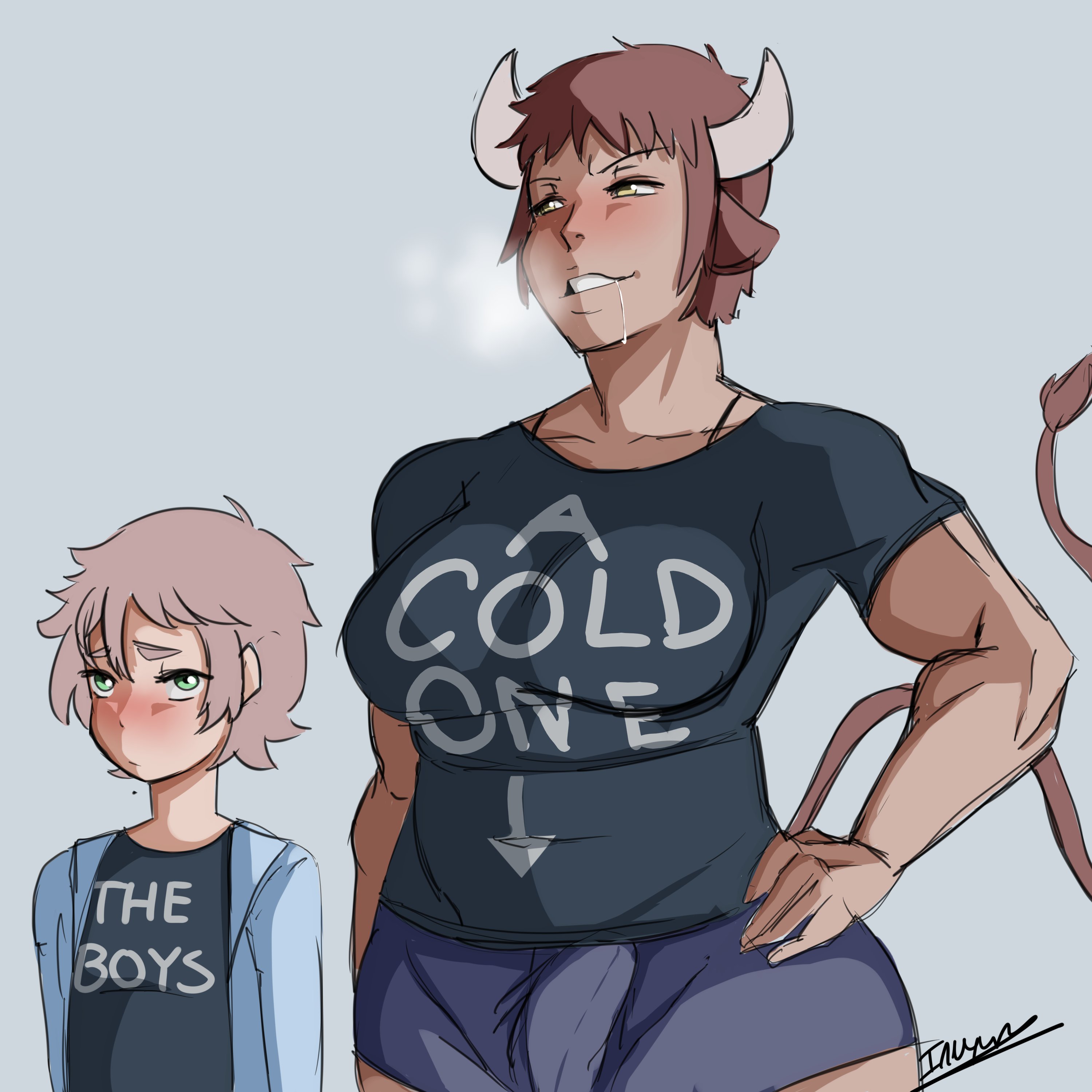 1boy, 1futa, blush, breasts, bulge, clothed, clothing, dark skin, dark-skinned futa, drooling, duo, femboy, fully clothed, futa on male, futanari, girly, horns, humanoid, intersex, inuyuru, large breasts, light skin, light-skinned male, male, original, original character, pale skin, penis, penis outline, standing, t-shirt, tail, text, trap