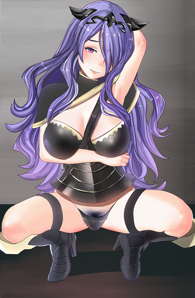 1girls armor armpits aruman bare_legs black_panties breasts camilla_(fire_emblem) closed_mouth female female_only female_pubic_hair fire_emblem fire_emblem_fates hair_over_one_eye high_heels horns large_breasts long_hair looking_at_viewer nintendo panties pubic_hair pubic_hair_peek purple_eyes purple_hair red_eyes smile solo squatting tiara underwear very_long_hair