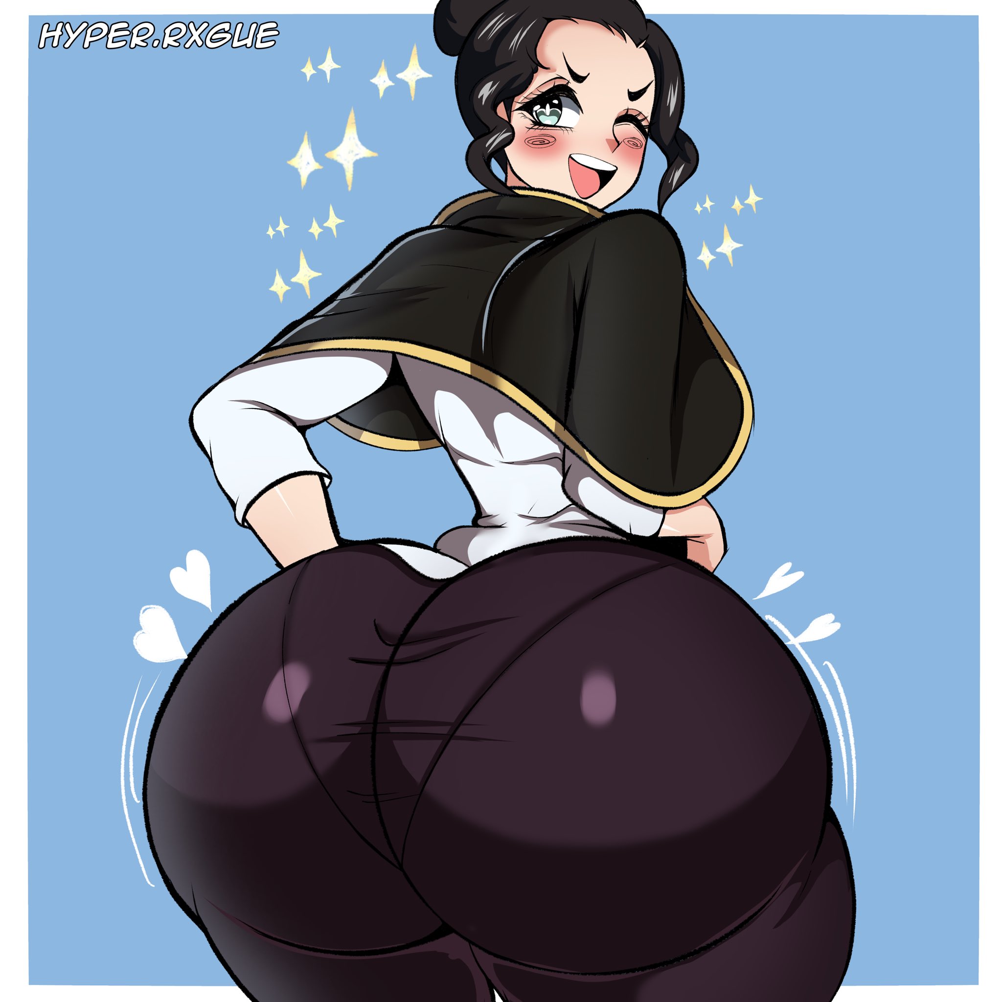 1girls, ass, ass bigger than head, ass bigger than torso, big ass, black clover, black hair, bottom heavy, bubble butt, charmy pappitson, clothing, fat ass, female, female only, huge ass, hyperrxgue, large ass, looking at viewer, looking back, massive ass, pantylines, shortstack, solo, thick ass, thick thighs, thunder thighs, underwear outline, wide hips, wink, winking at viewer