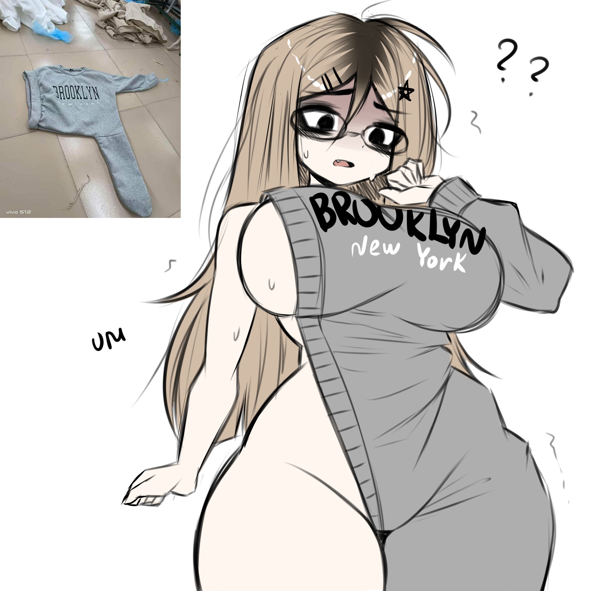 almost naked, big ass, big breasts, big butt, big thighs, cleavage, flustered, flustered female, hoodie, light brown hair, nerdy female, petite, petite body, petite female, round breasts, shy, sweat, sweatdrop, sweater, sweaty, sweaty body, wide hips