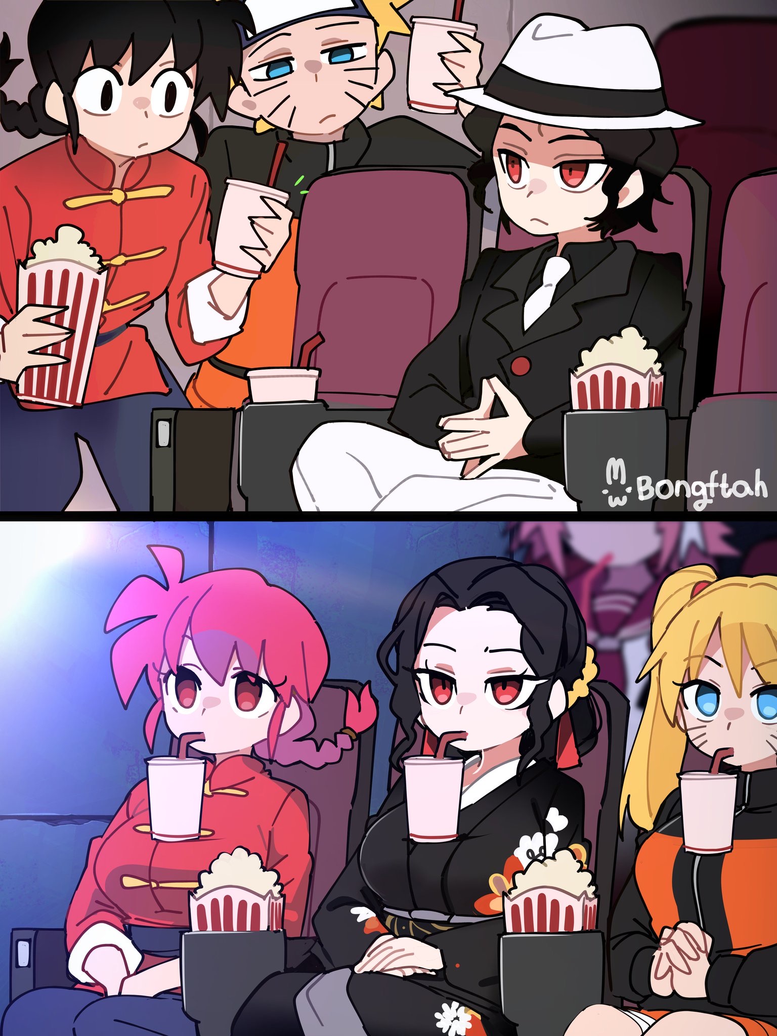 1boy, 3:4, 3girls, astolfo (fate), big breasts, black hair, blonde hair, blue eyes, bongfillstudent, bongftah, breasts, canon genderswap, company connection, crossover, cyan eyes, demon slayer, fate (series), fate/grand order, female, female muzan, femboy, genderswap (mtf), kimetsu no yaiba, large breasts, male, movie theater, multiple crossover, multiple girls, muzan kibutsuji, naruko, naruto, naruto (series), naruto shippuden, pink hair, ranma 1/2, ranma saotome, ranma-chan, red eyes, red hair, uzumaki naruto, yellow hair
