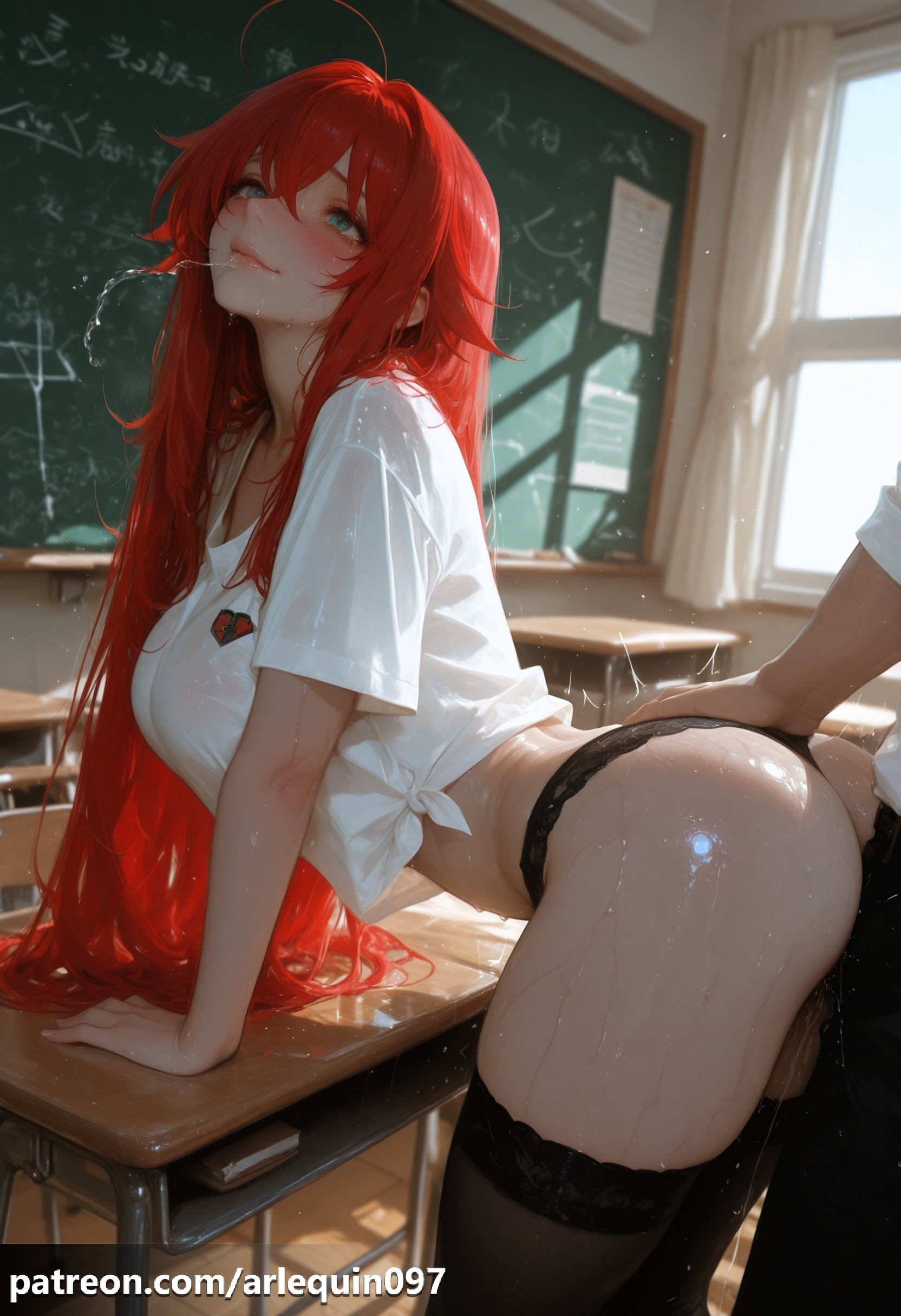 1boy, ahoge, ai generated, arlequin097, arm support, ass, bangs, bent over, black panties, blue eyes, blush, breasts, chalkboard, classroom, clothed sex, day, desk, doggy style, female, from side, hair between eyes, high school dxd, huge ahoge, indoors, large breasts, long hair, panties, panties aside, patreon username, penis, red hair, rias gremory, saliva, school uniform, sex, sex from behind, shirt, short sleeves, smile, solo focus, straight, sweat, thighhighs, thighs, tied shirt, underwear, vaginal penetration, wet, white shirt, window