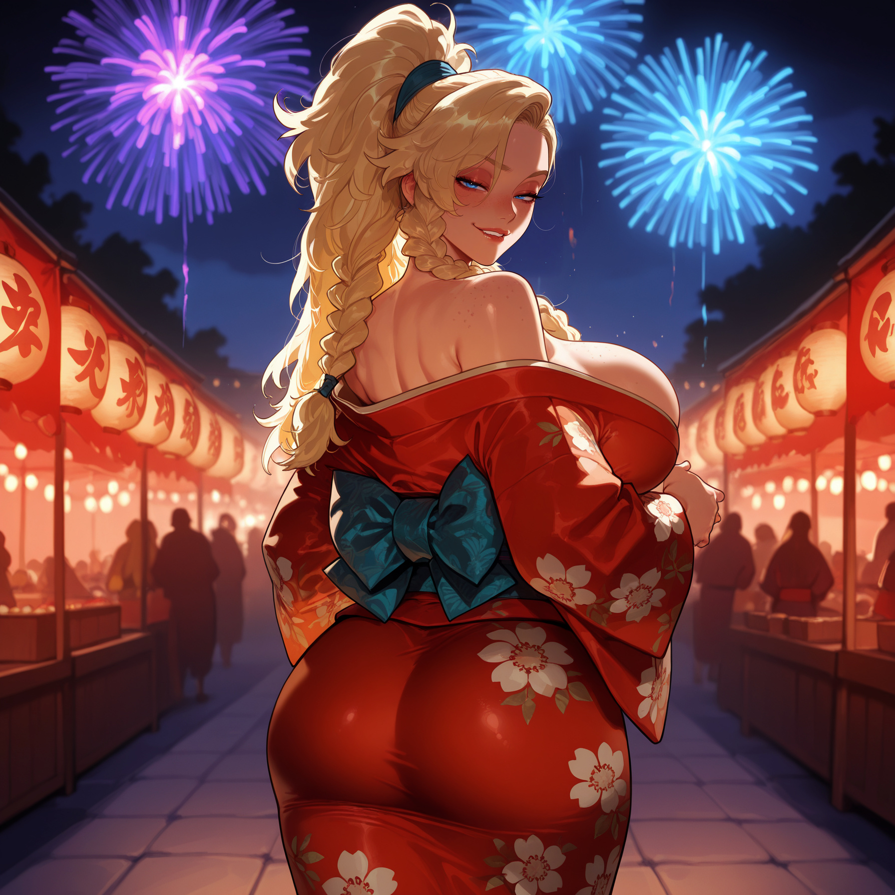 1girls, aerial fireworks, ai generated, ass, ass focus, back, back bow, backboob, balecxi, bangs, bare shoulders, biting own lip, blonde hair, blue eyes, blush, braid, breasts, clothing, curvaceous, curvaceous female, curvaceous figure, curvy, curvy figure, female, female focus, female only, festival, fireworks, floral print, food stand, freckles, from behind, gemma (monster hunter wilds), grin, high ponytail, huge ass, huge breasts, inviting, japanese clothes, kimono, kimono pull, lantern, large breasts, lips, long hair, looking at viewer, looking back, market stall, median furrow, mole, monster hunter, monster hunter wilds, multiple braids, multiple moles, naughty face, night, night sky, obi, off shoulder, outdoors, paper lantern, ponytail, presenting, presenting ass, presenting hindquarters, presenting self, print kimono, red kimono, robe, sash, seductive, seductive look, seductive smile, side braids, sky, smile, solo, solo focus, summer festival, thighs, traditional clothes, twin braids, uncensored, voluptuous, voluptuous female, wafuku, yukata