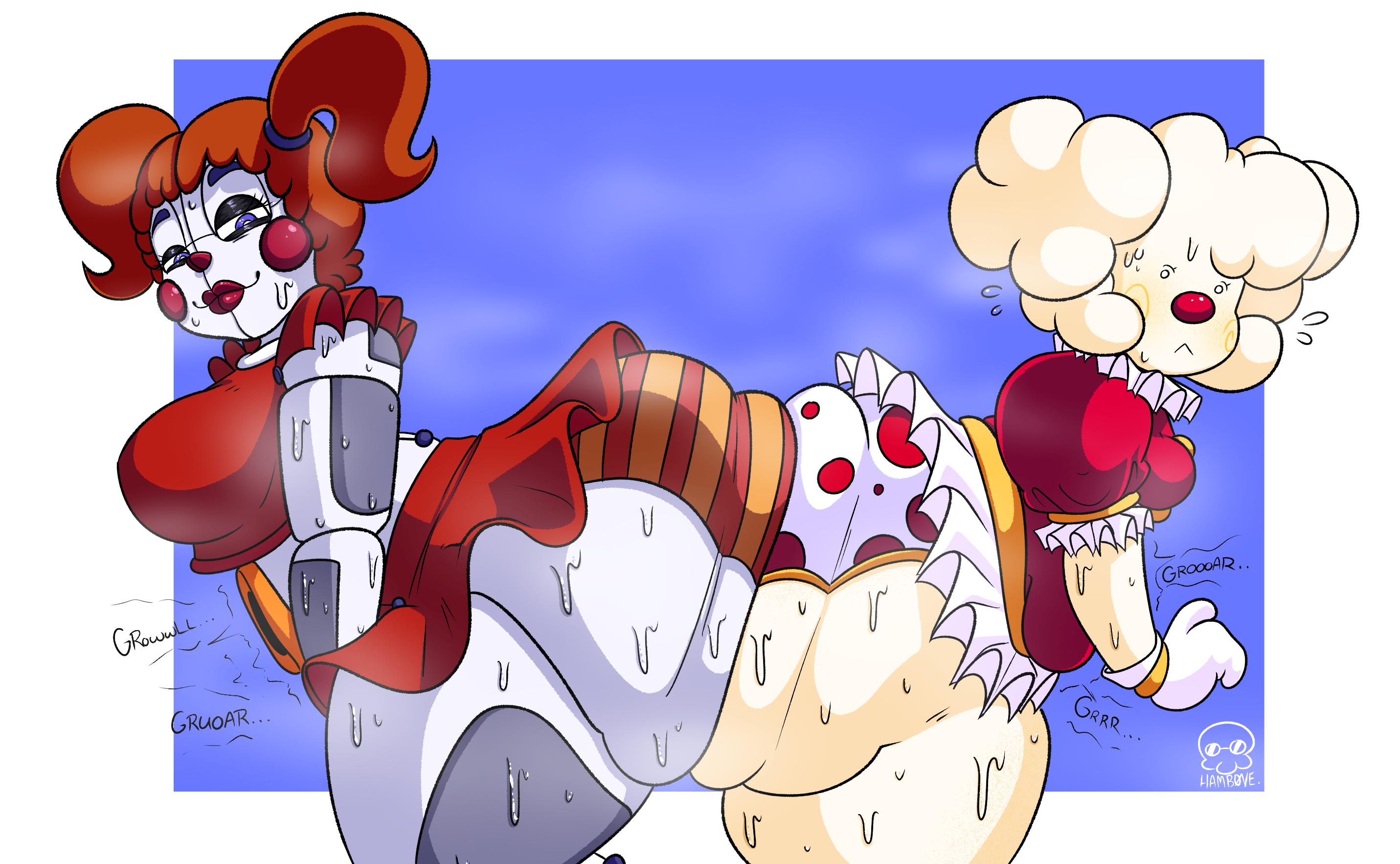2d (artwork), 2girls, animatronic, animatronic female, artist signature, ass, ass bigger than head, ass bigger than torso, ass focus, big ass, big breasts, big butt, big thighs, blue eyes, blush, blush lines, breasts, butt focus, butt squish, chubby, chubby female, circus baby, circus baby (fnaf), clown, clown costume, clown girl, clown makeup, clown nose, embarrassed, embarrassed female, fat ass, female, female focus, female only, five nights at freddy's, five nights at freddy's: sister location, gassy, gassy female, gurgling, gurgling noise, hamb0ne, jin (bigbeefboober), lipstick, massive ass, musk, musk clouds, oc, onomatopoeia, orange hair, original character, panties, polka dot, polka dot panties, skirt, squish, squished ass, squishy, squishy butt, stomach gurgling, stomach noises, striped panties, sweat, sweatdrop, sweating, sweaty, sweaty ass, sweaty body, sweaty butt, text, thick thighs, thighs
